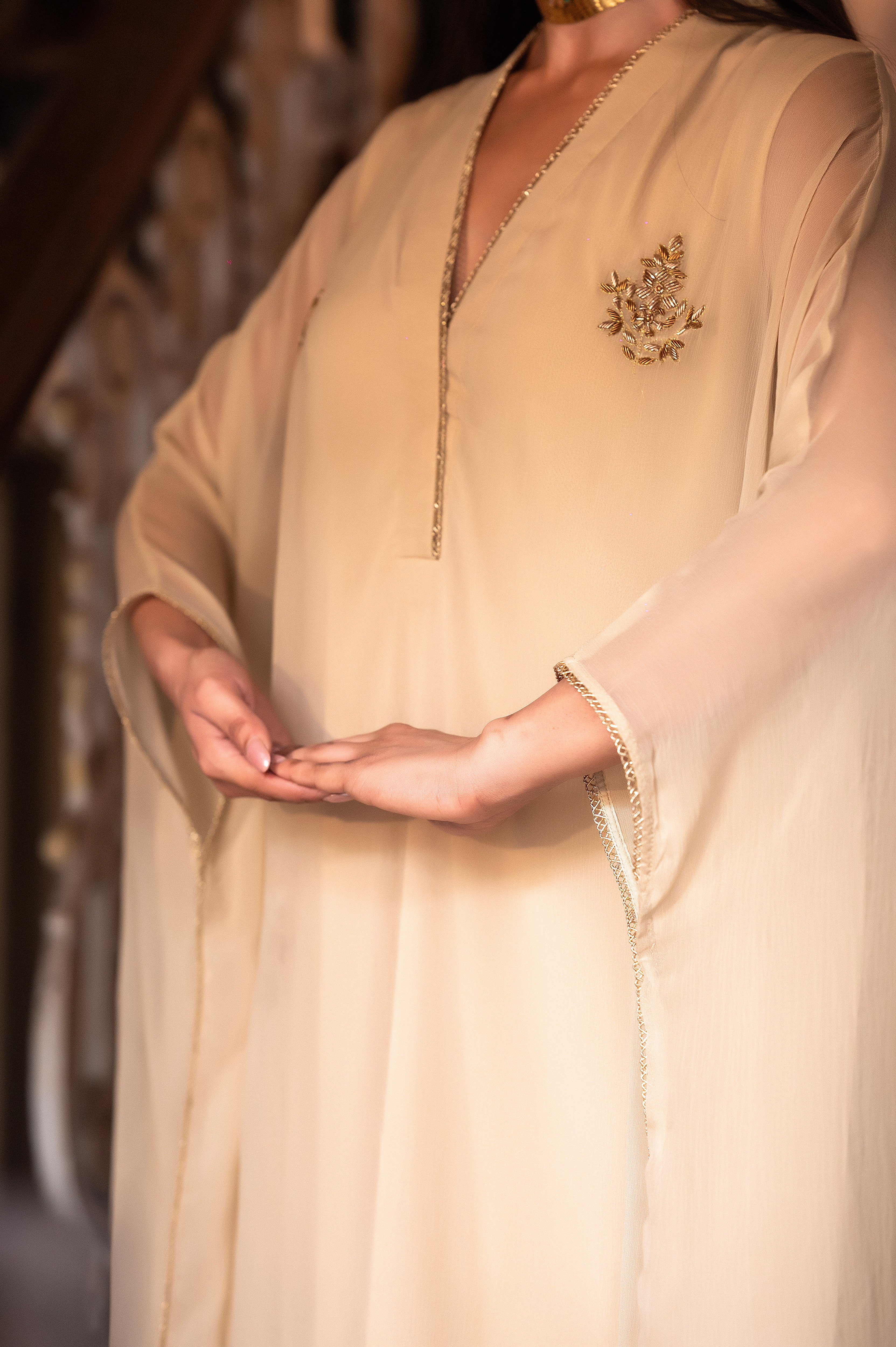Chiffon Kaftan in Ivory with Ivory Pallazzo