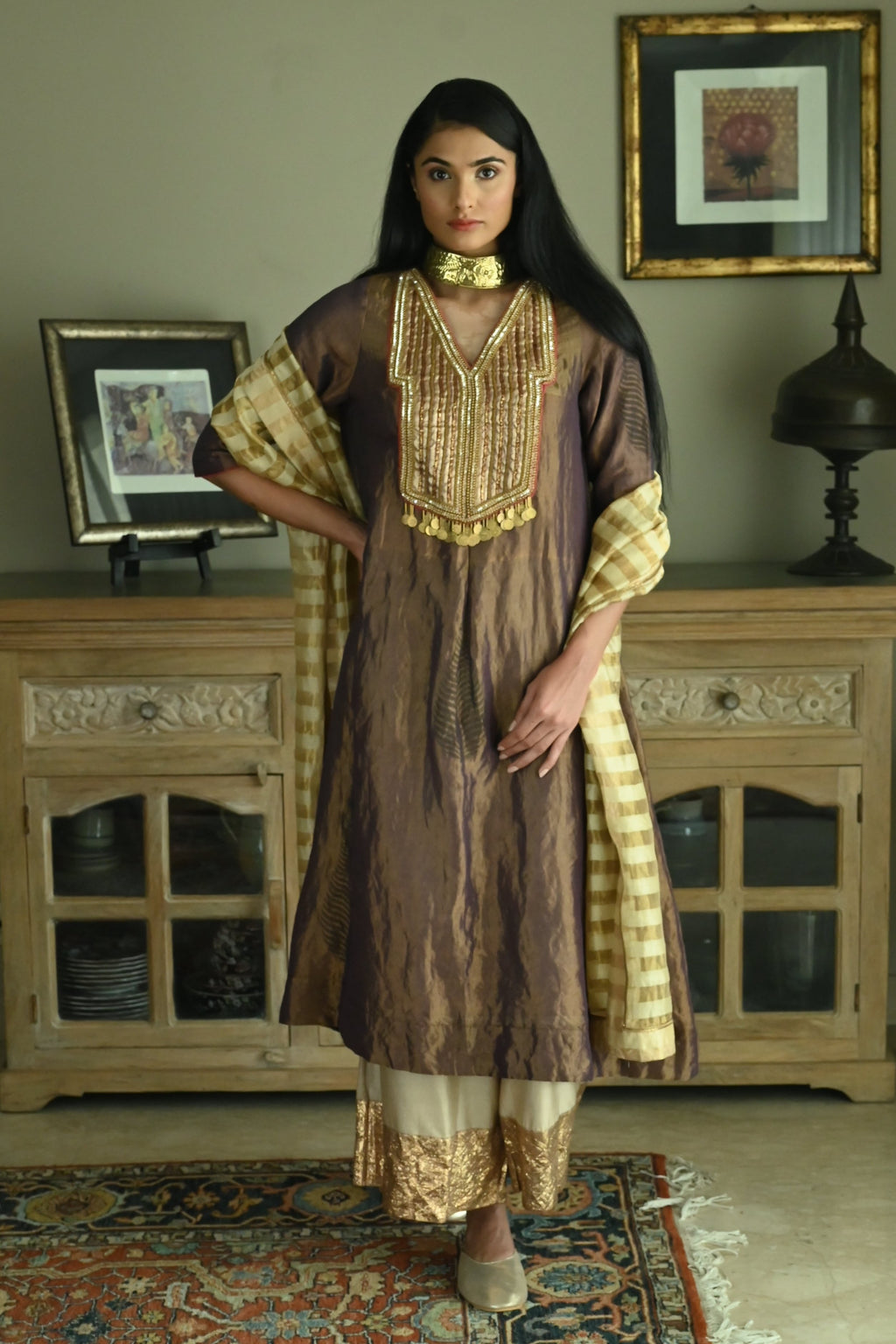 Dupatta in Chai Beige Chanderi Stripes