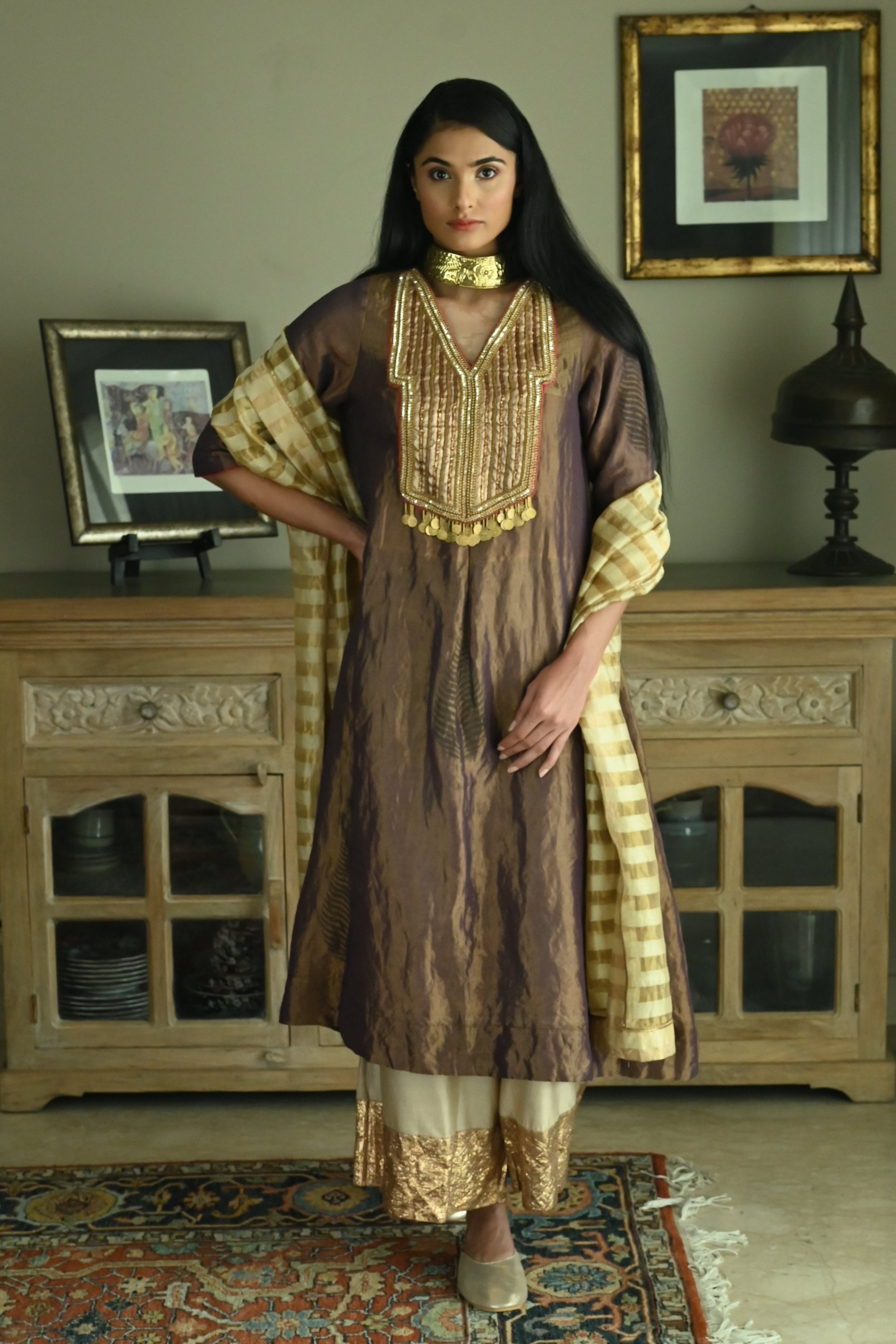 Dupatta in Chai Beige Chanderi Stripes