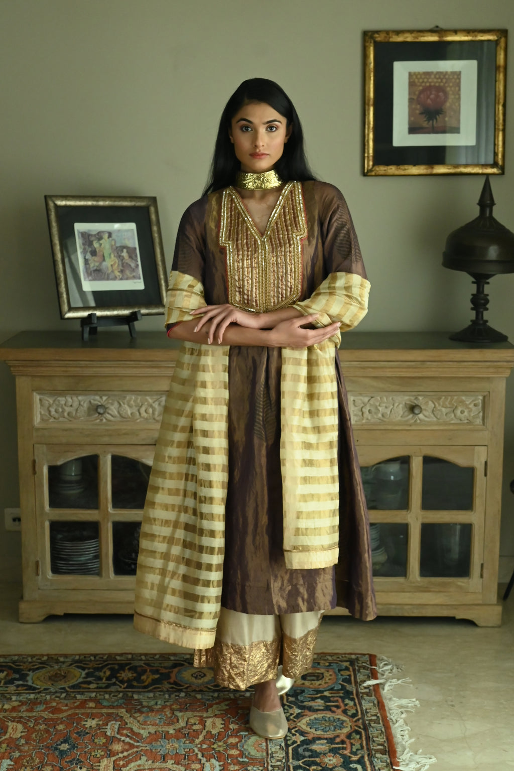 Banjara Kurta in Plum Tissue with Chai Beige Farshi