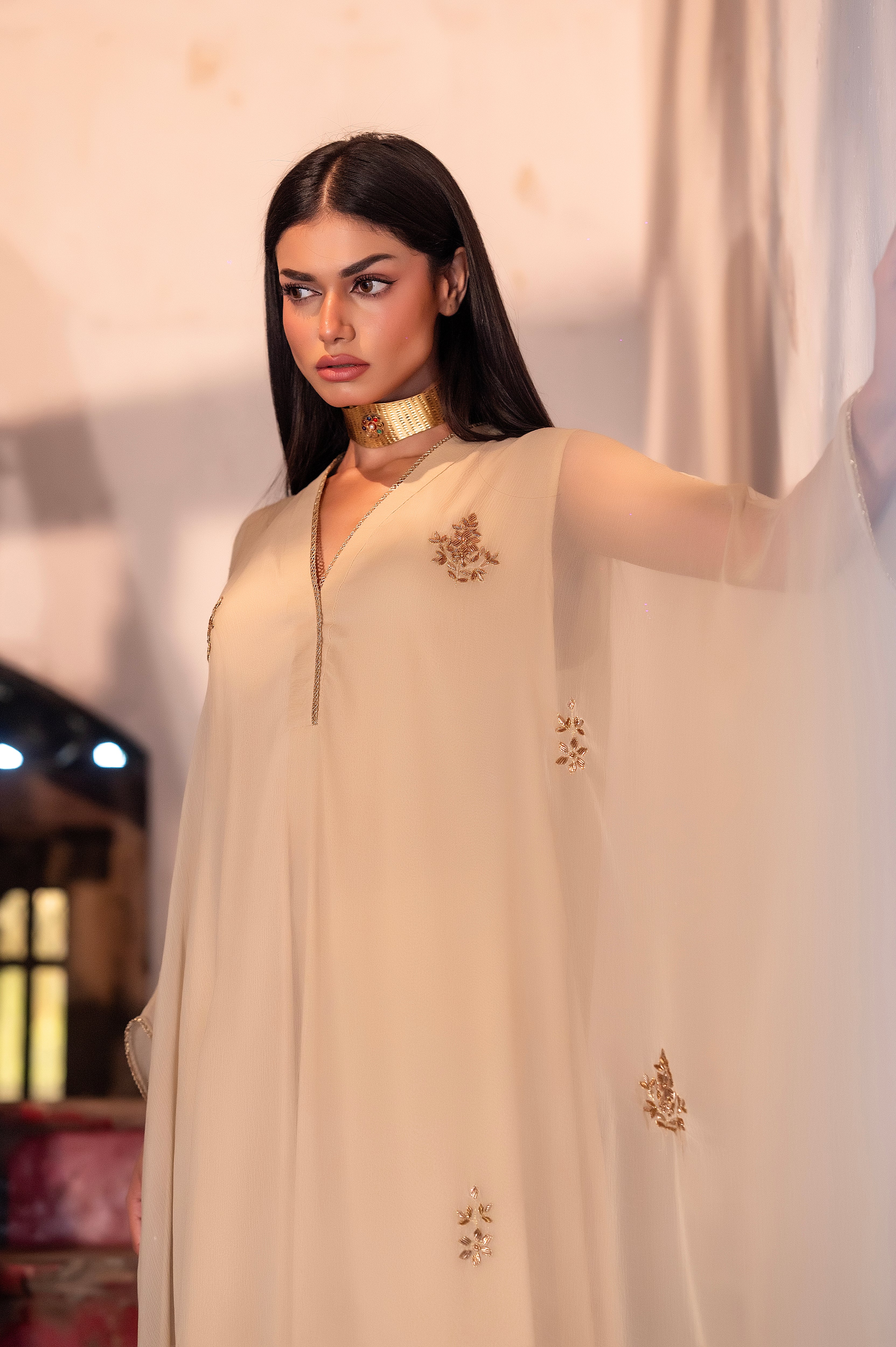 Chiffon Kaftan in Ivory with Ivory Pallazzo
