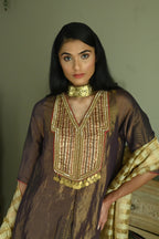 Banjara Kurta in Plum Tissue with Chai Beige Farshi