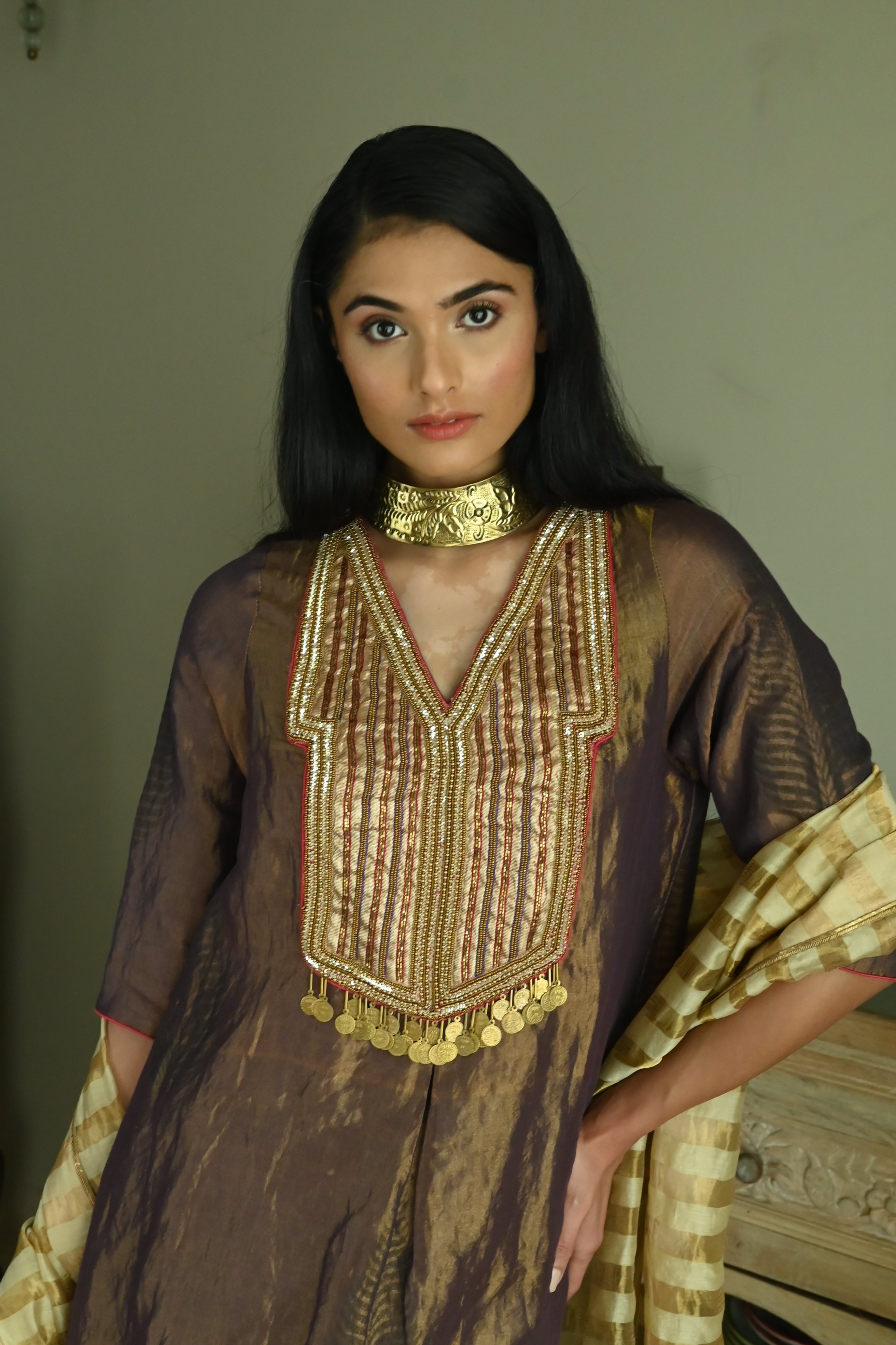 Banjara Kurta in Plum Tissue with Chai Beige Farshi