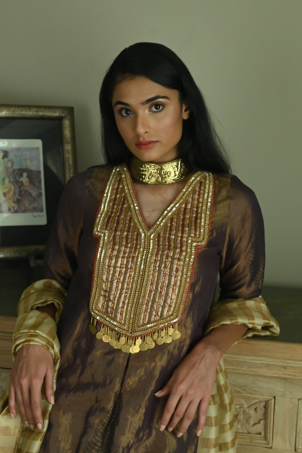 Dupatta in Chai Beige Chanderi Stripes