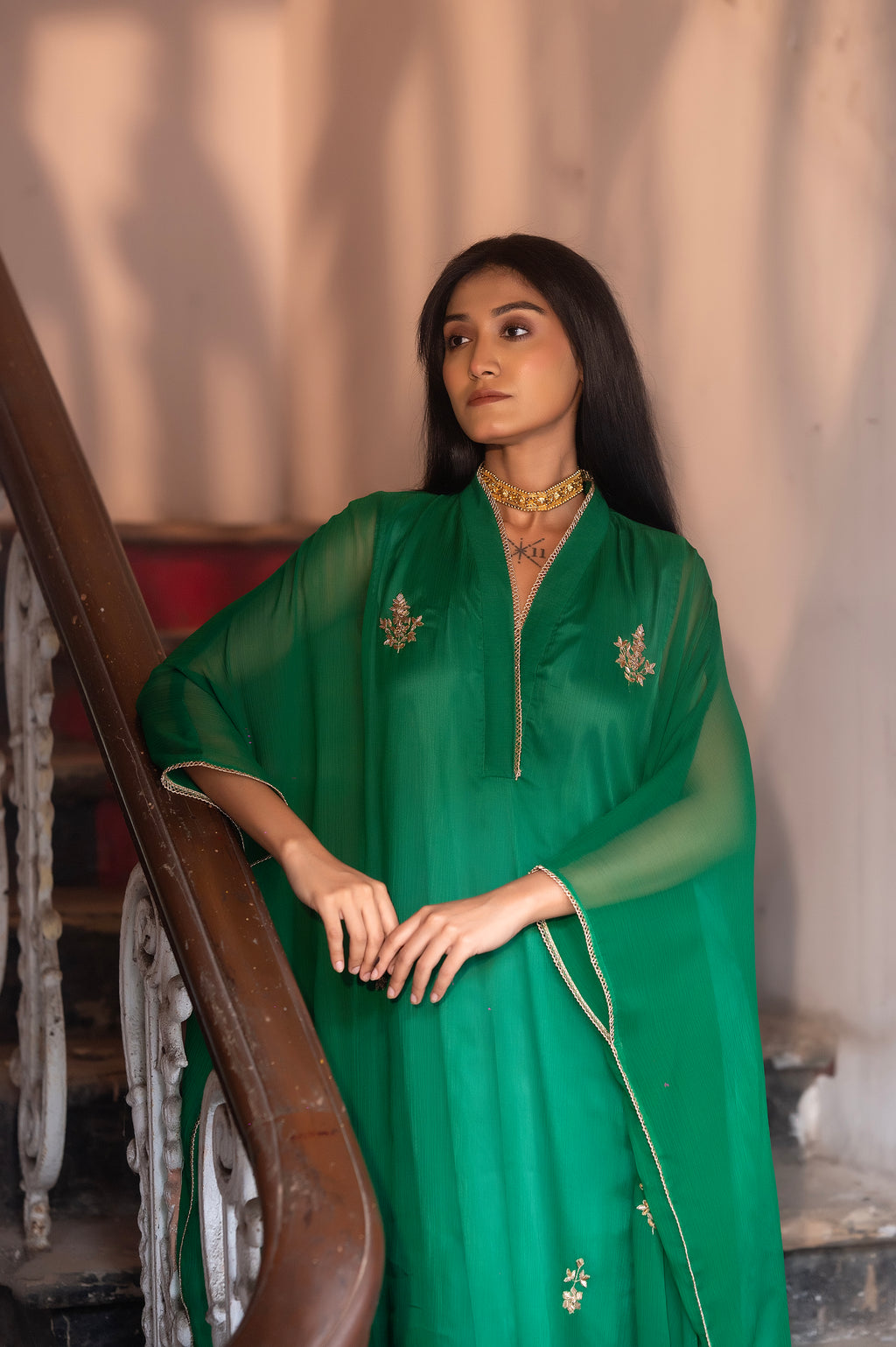 Chiffon Kaftan in Green with Green Pallazzo