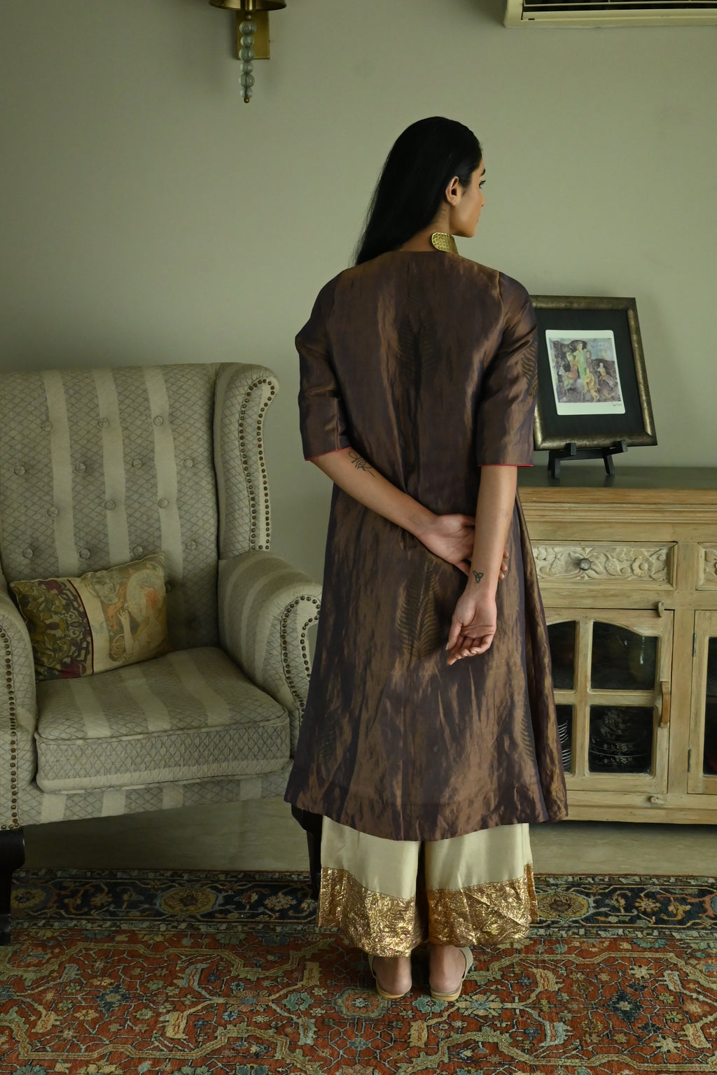 Banjara Kurta in Plum Tissue with Chai Beige Farshi