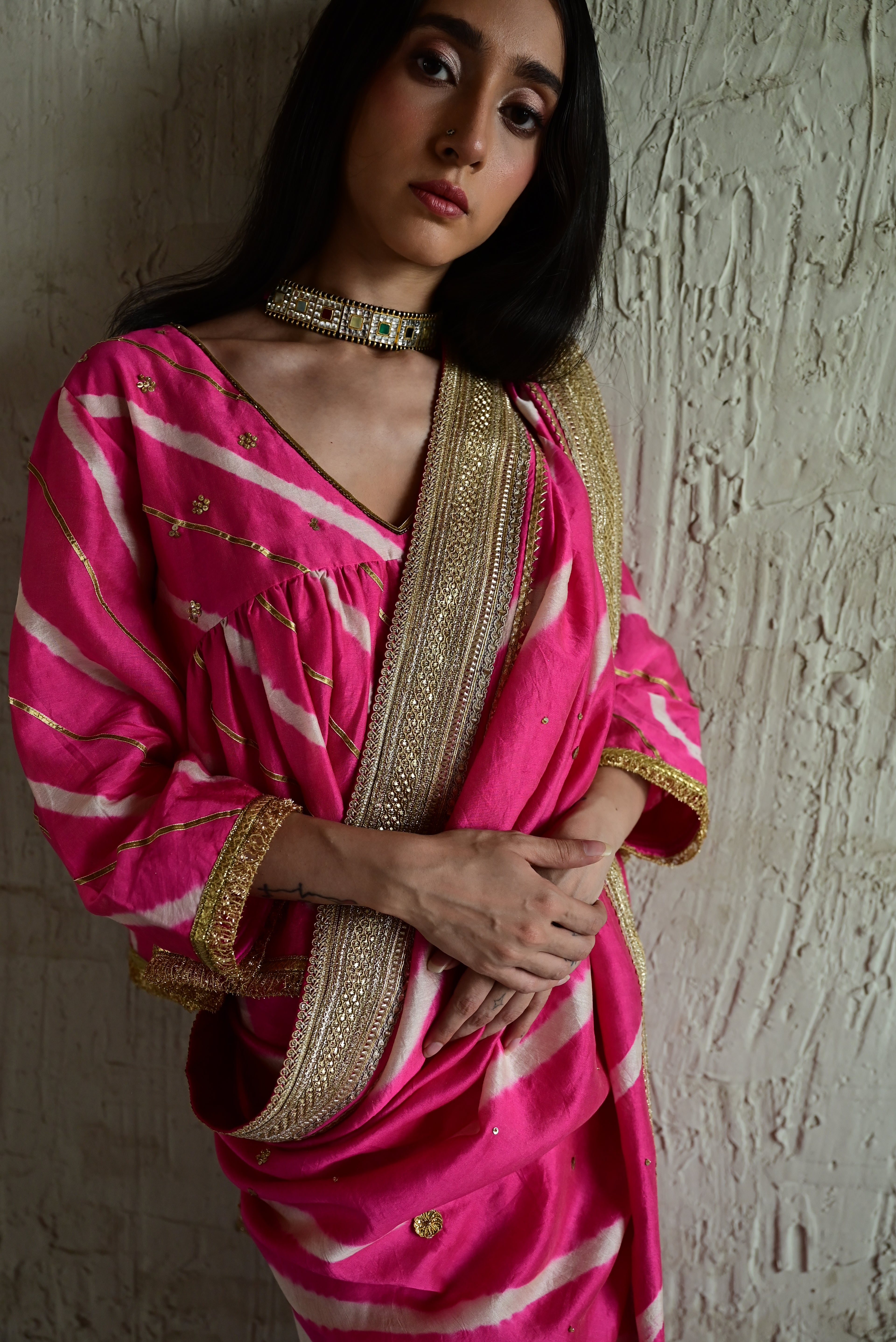 Urmila Leheriya Saree in Pink mulberry Silk