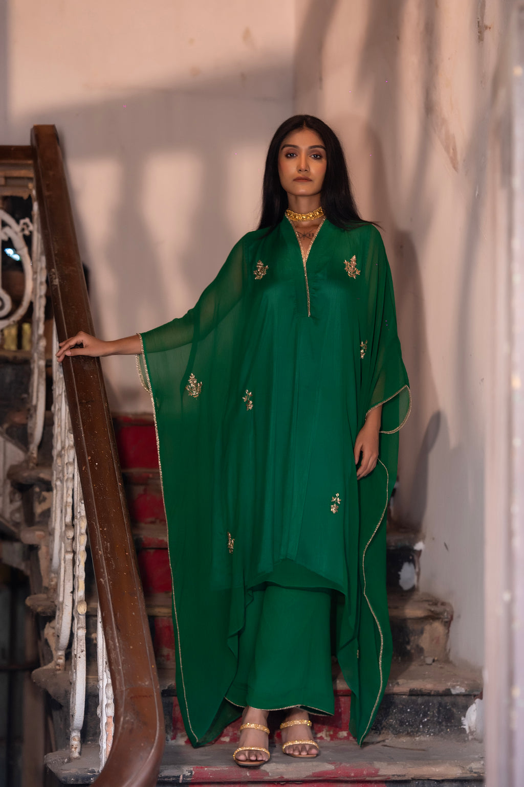 Chiffon Kaftan in Green with Green Pallazzo