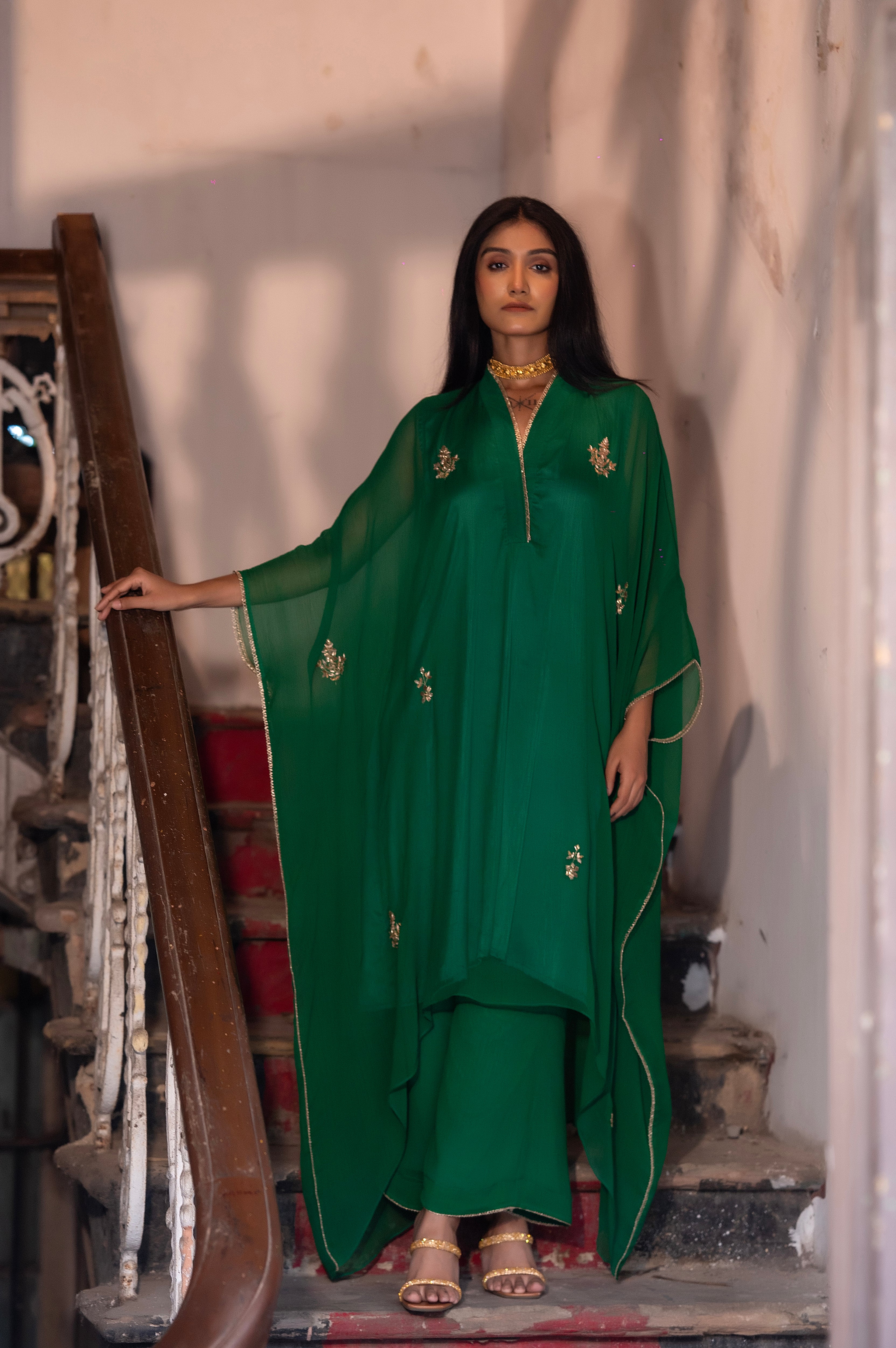 Chiffon Kaftan in Green with Green Pallazzo