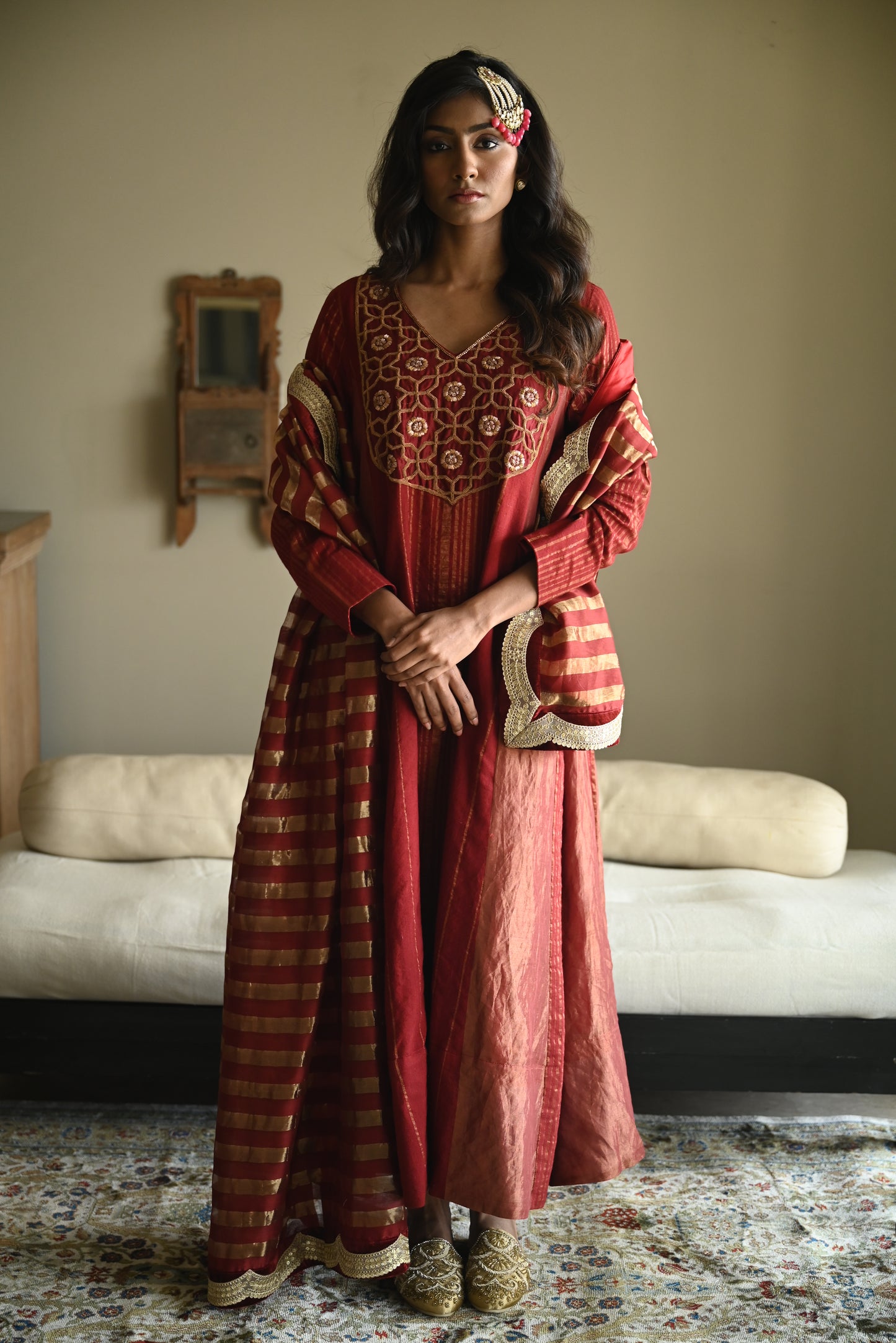 Tannu kurta in Red Tussar Khadi Stripe with Red Tissue Kali