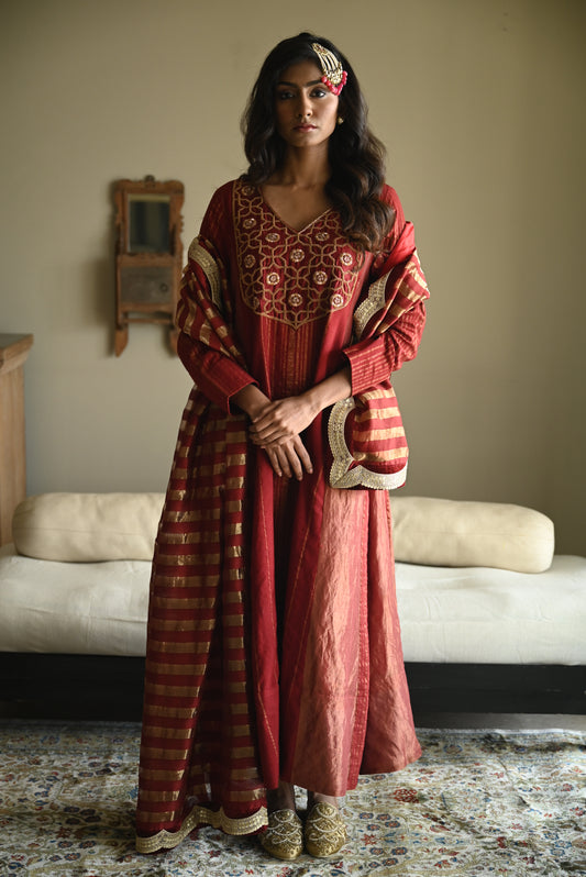 Tannu kurta in Red Tussar Khadi Stripe with Red Tissue Kali