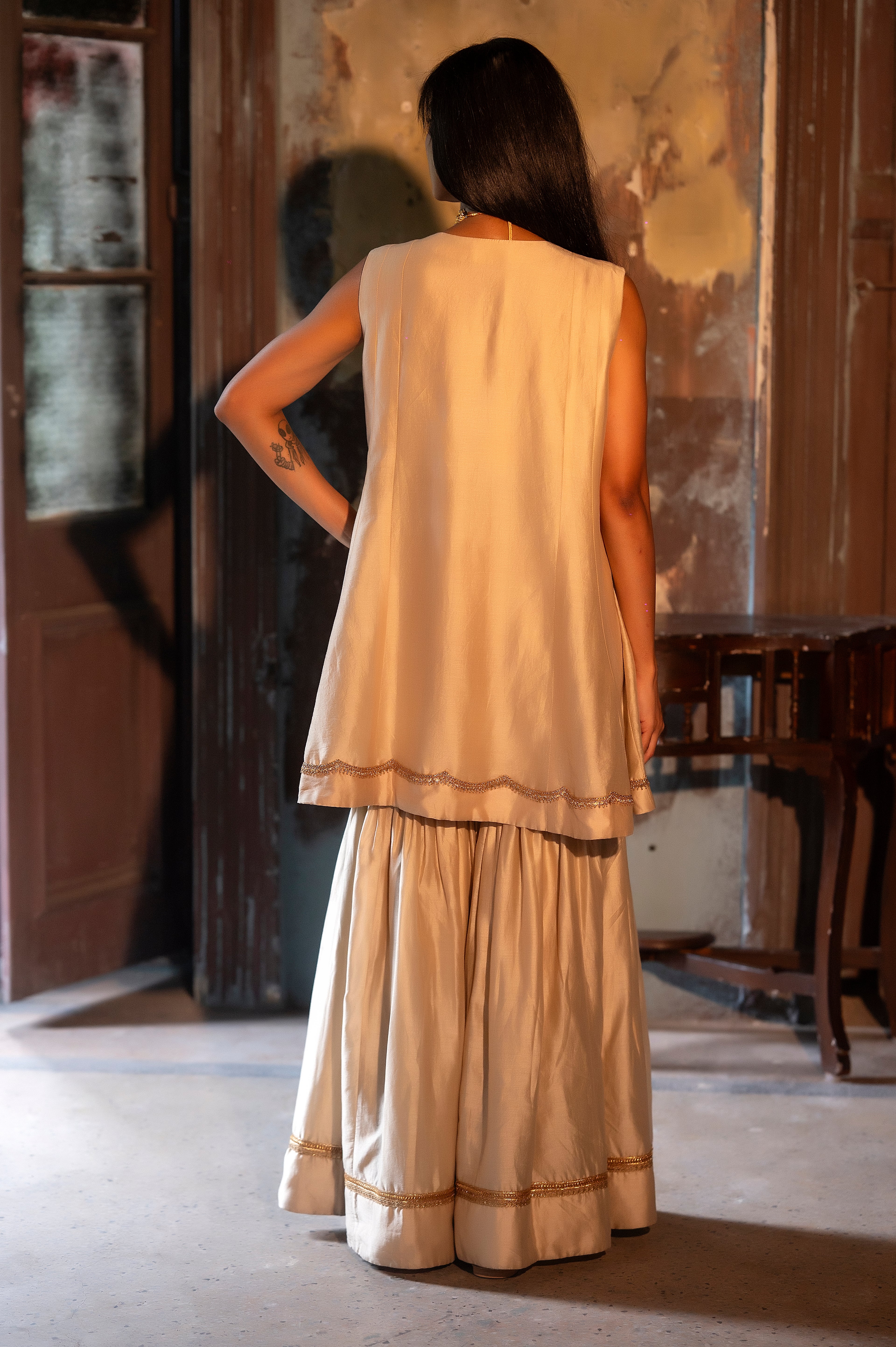 Short Vani in ivory chanderi with ivory chanderi Sharara