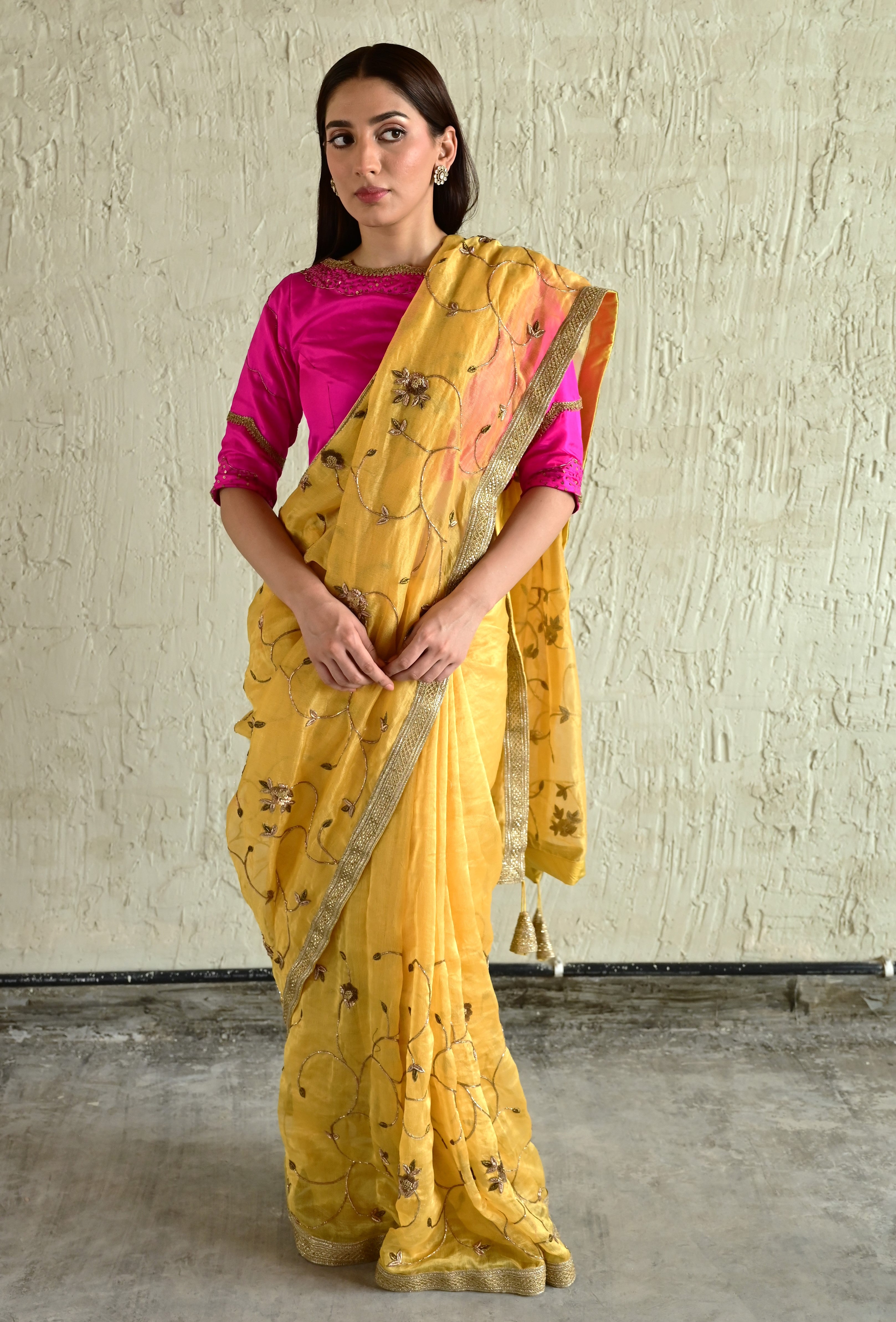 Bel Jaal saree in Yellow tissue chanderi