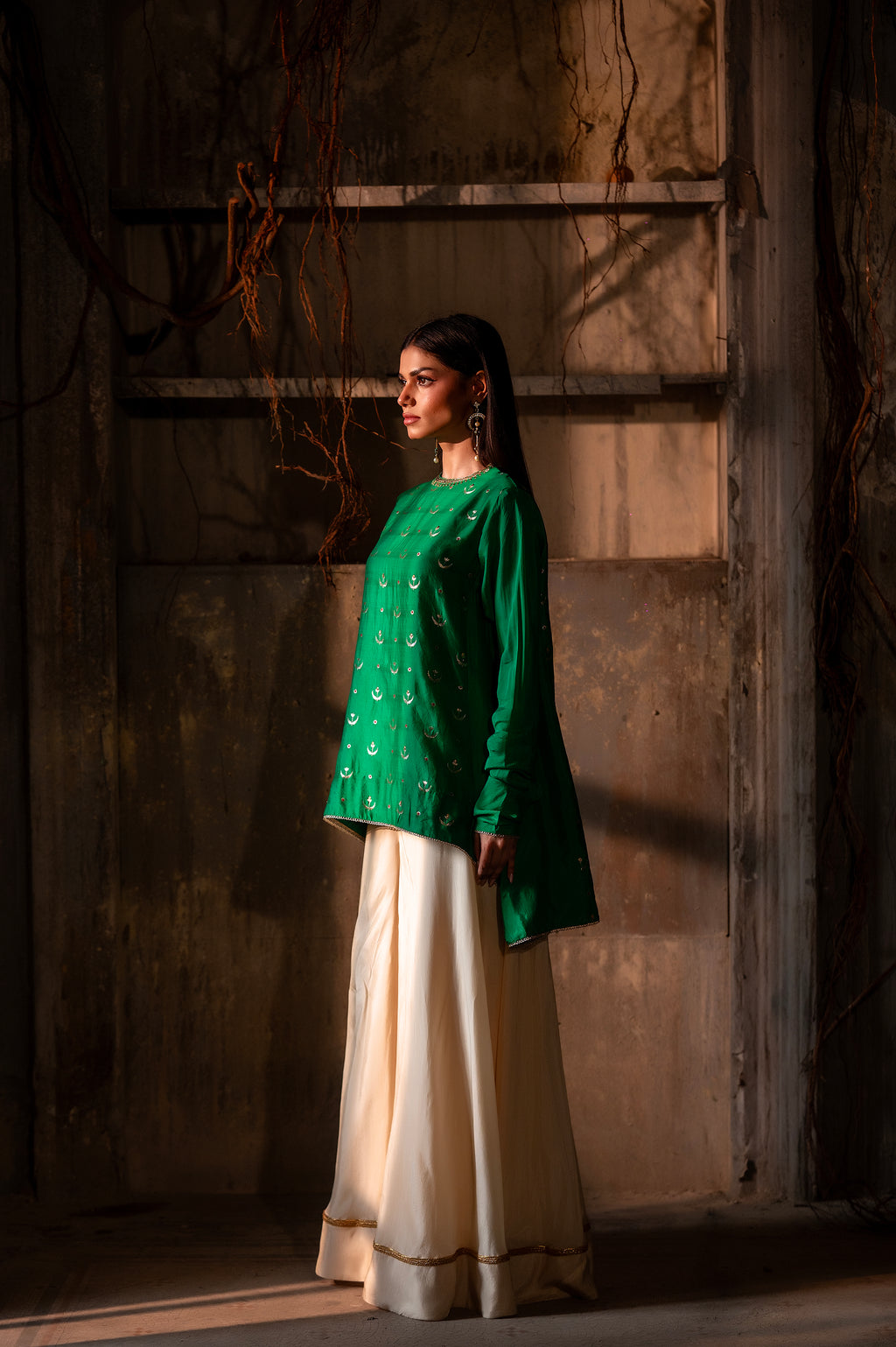 Chandphool Shabana in Green Brocade with Ivory silk Garara