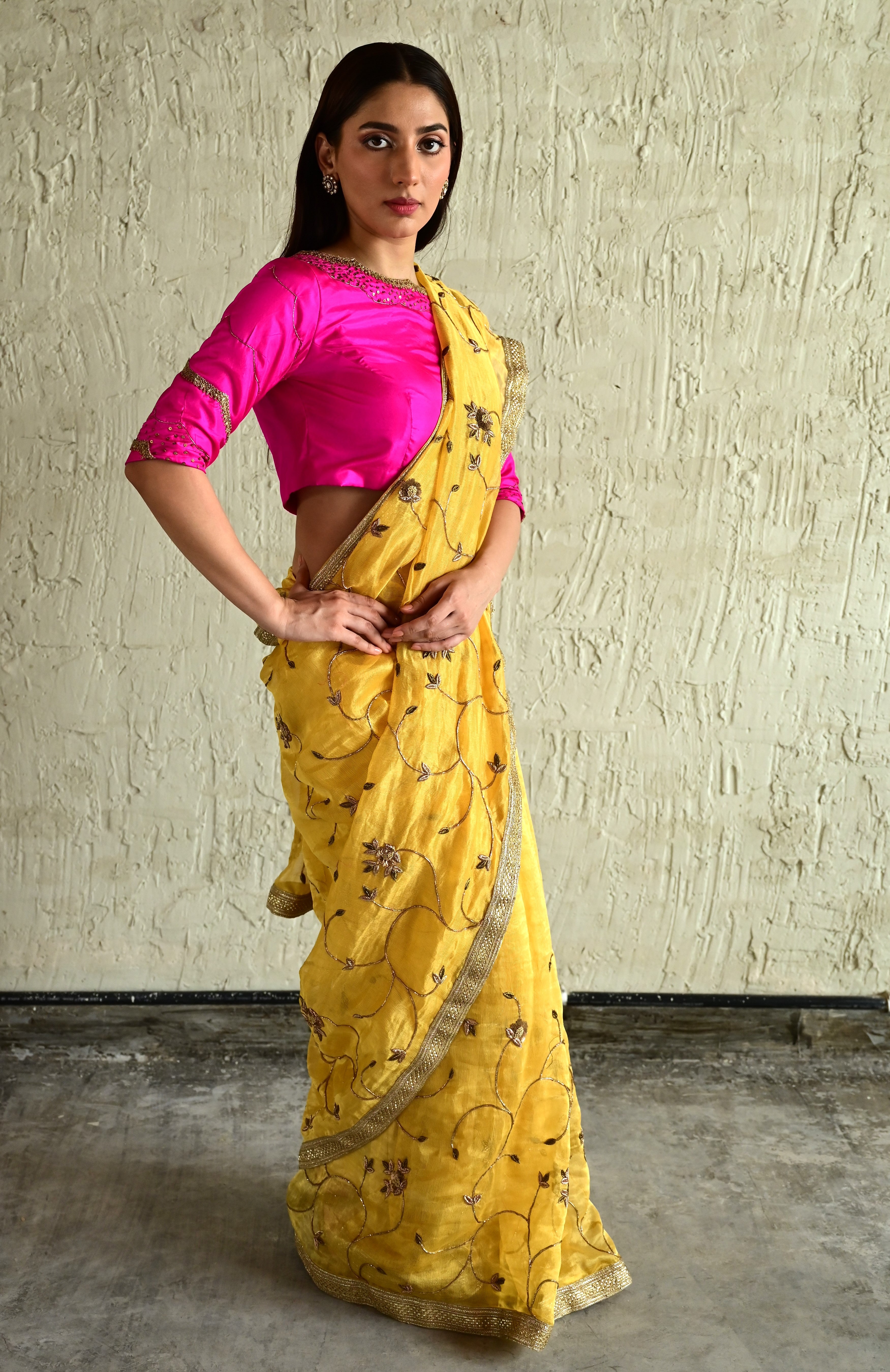 Bel Jaal saree in Yellow tissue chanderi