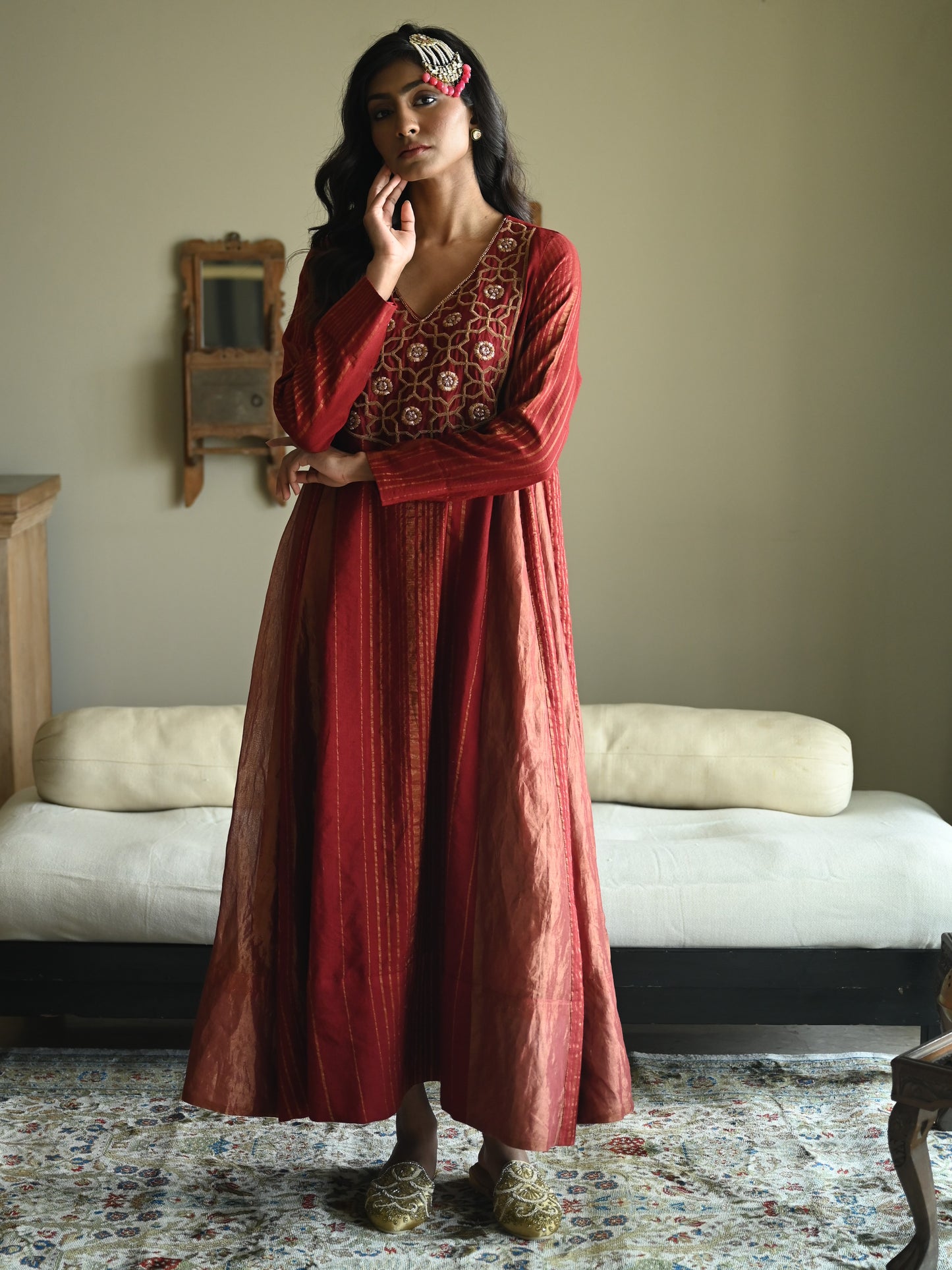 Tannu kurta in Red Tussar Khadi Stripe with Red Tissue Kali