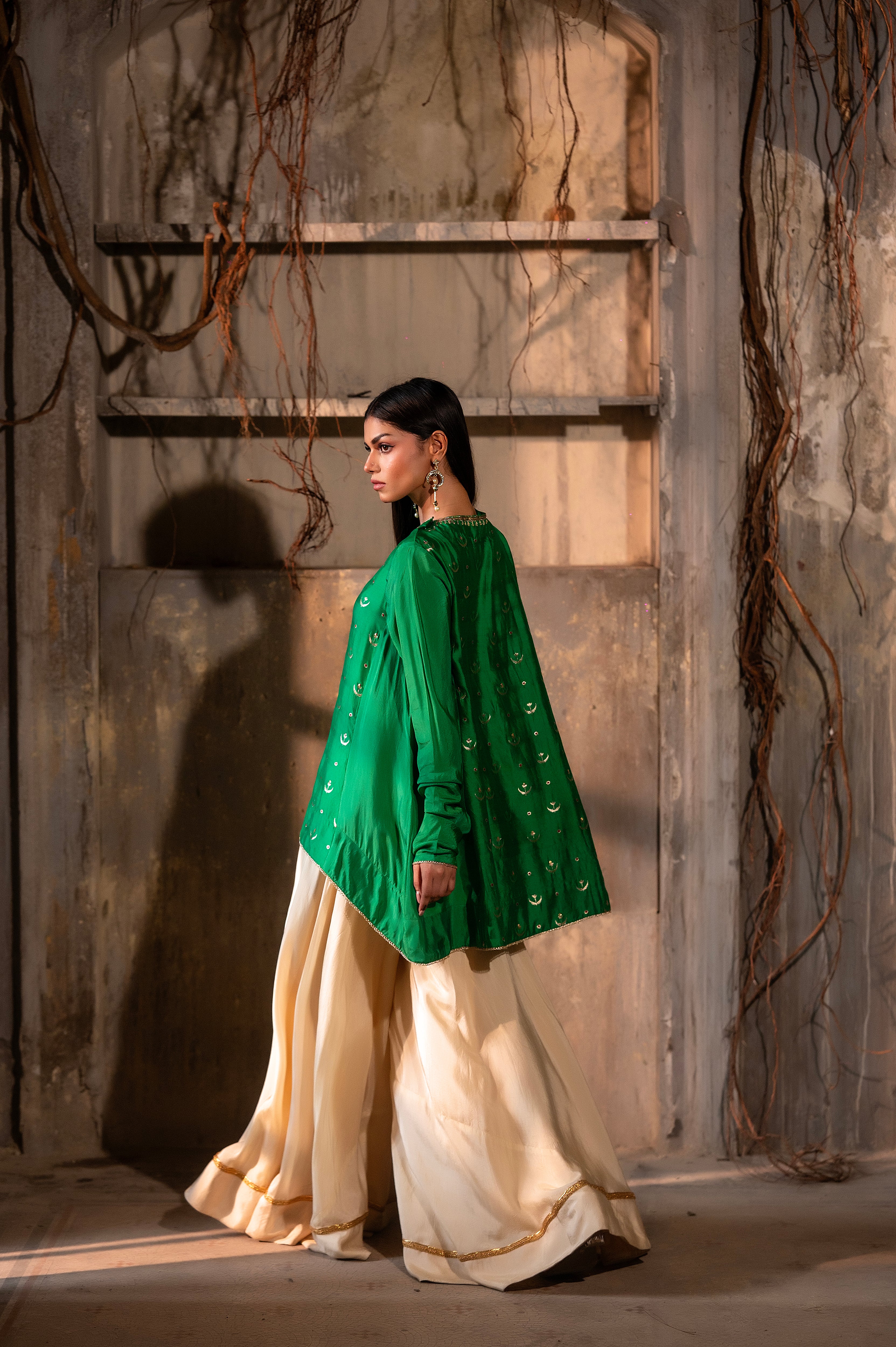 Chandphool Shabana in Green Brocade with Ivory silk Garara