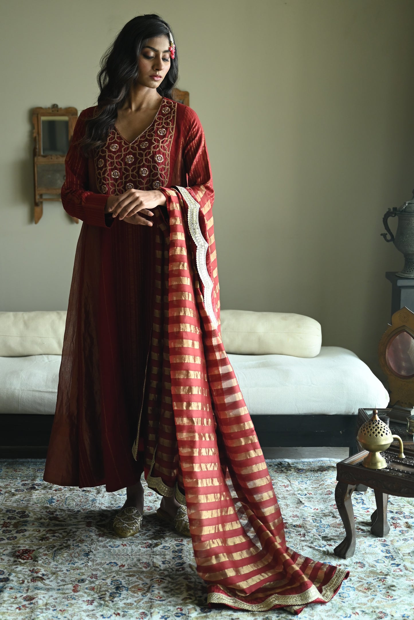 Tannu kurta in Red Tussar Khadi Stripe with Red Tissue Kali