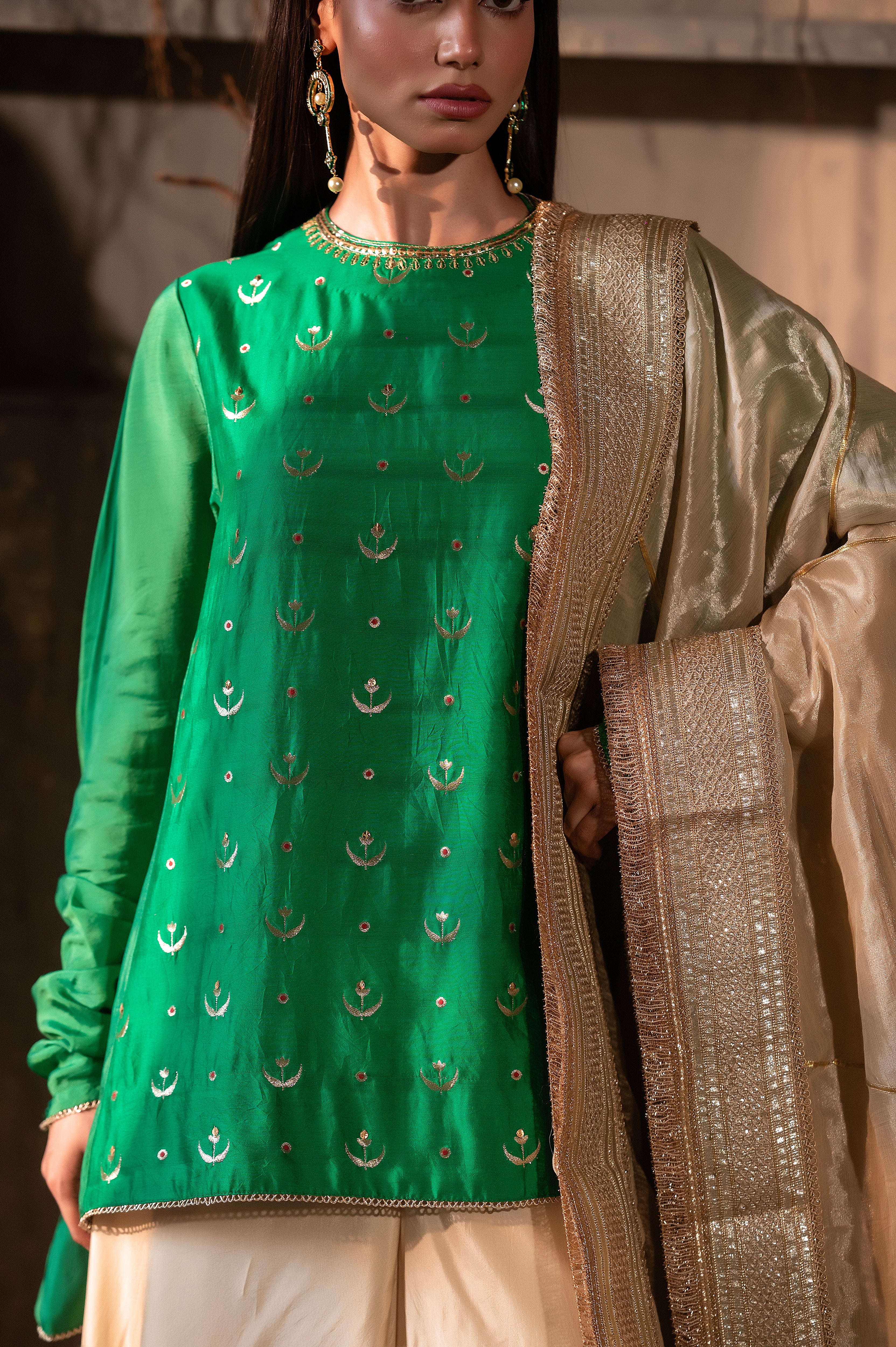 Chandphool Shabana in Green Brocade with Ivory silk Garara