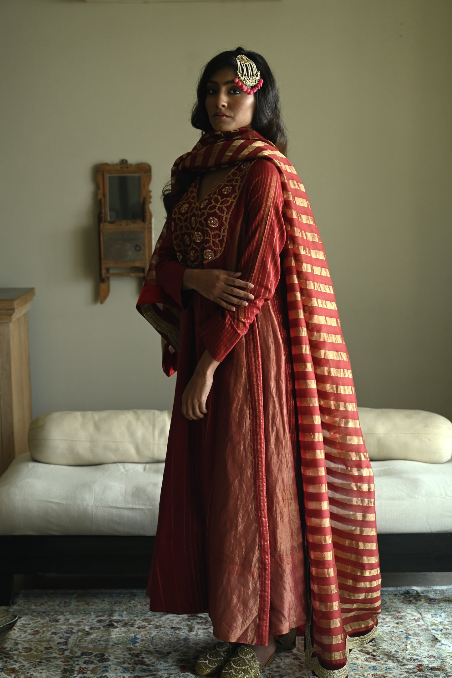 Tannu kurta in Red Tussar Khadi Stripe with Red Tissue Kali