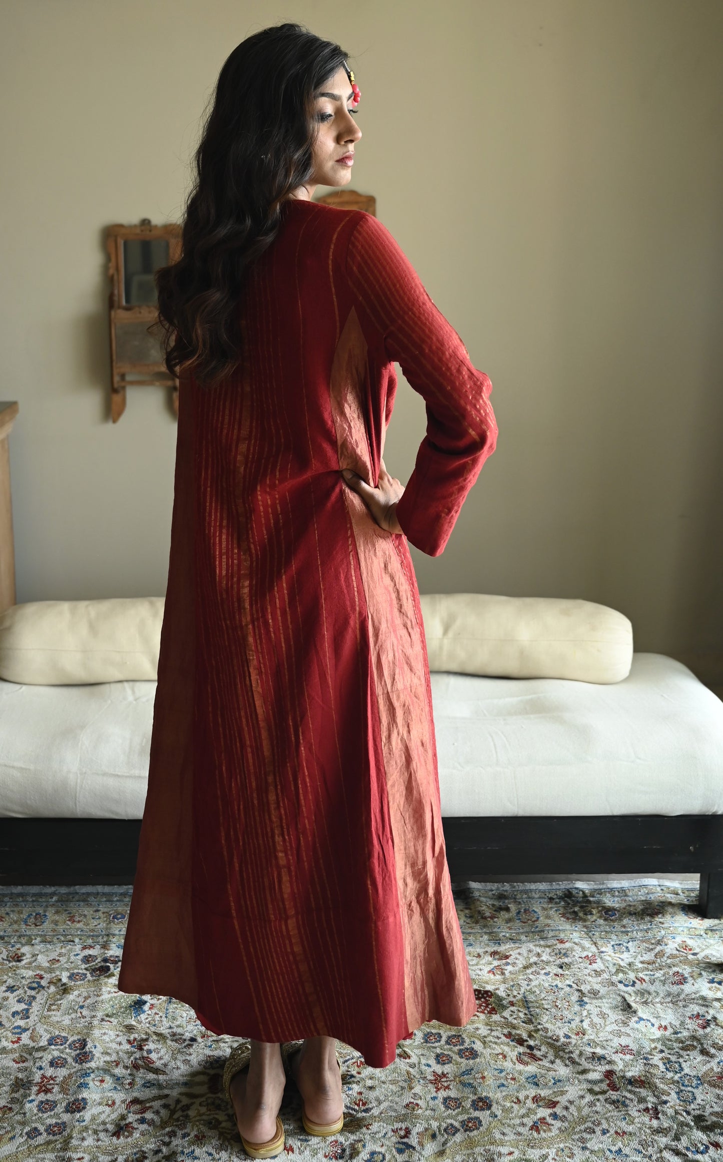 Tannu kurta in Red Tussar Khadi Stripe with Red Tissue Kali