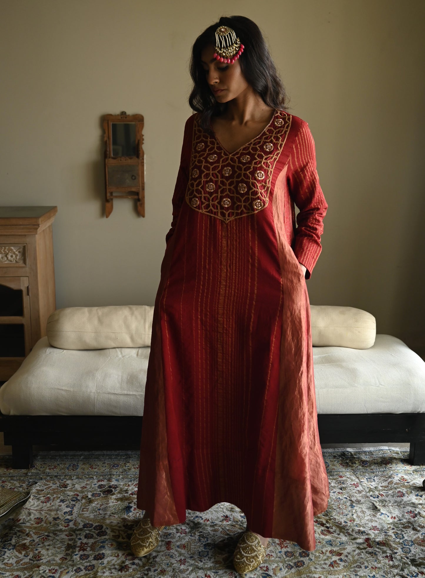 Tannu kurta in Red Tussar Khadi Stripe with Red Tissue Kali