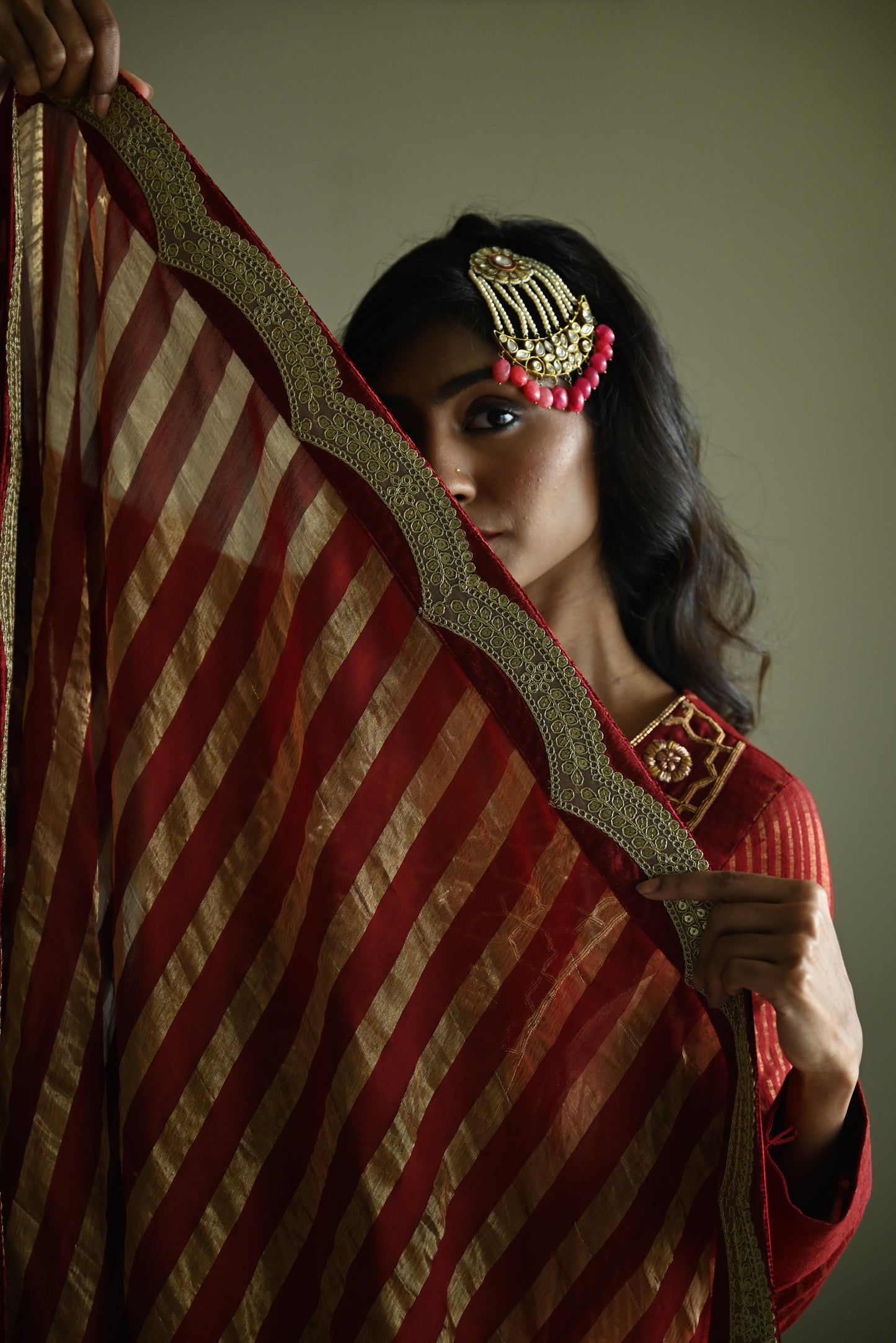 Lakeerein Lal Dupatta in Stripe Tissue