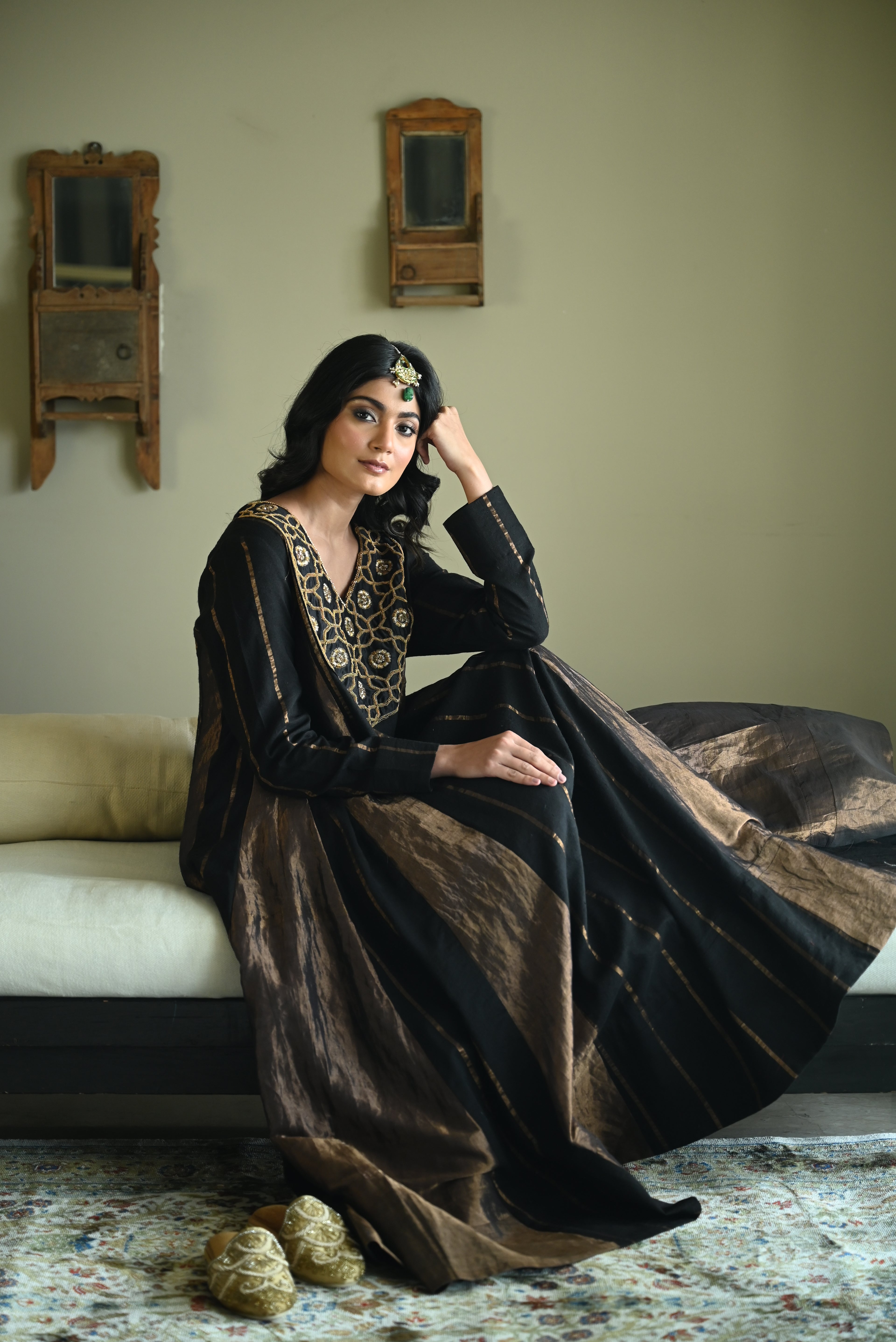 Tannu kurta in Black Tussar Khadi Stripe with Black Tissue Kali
