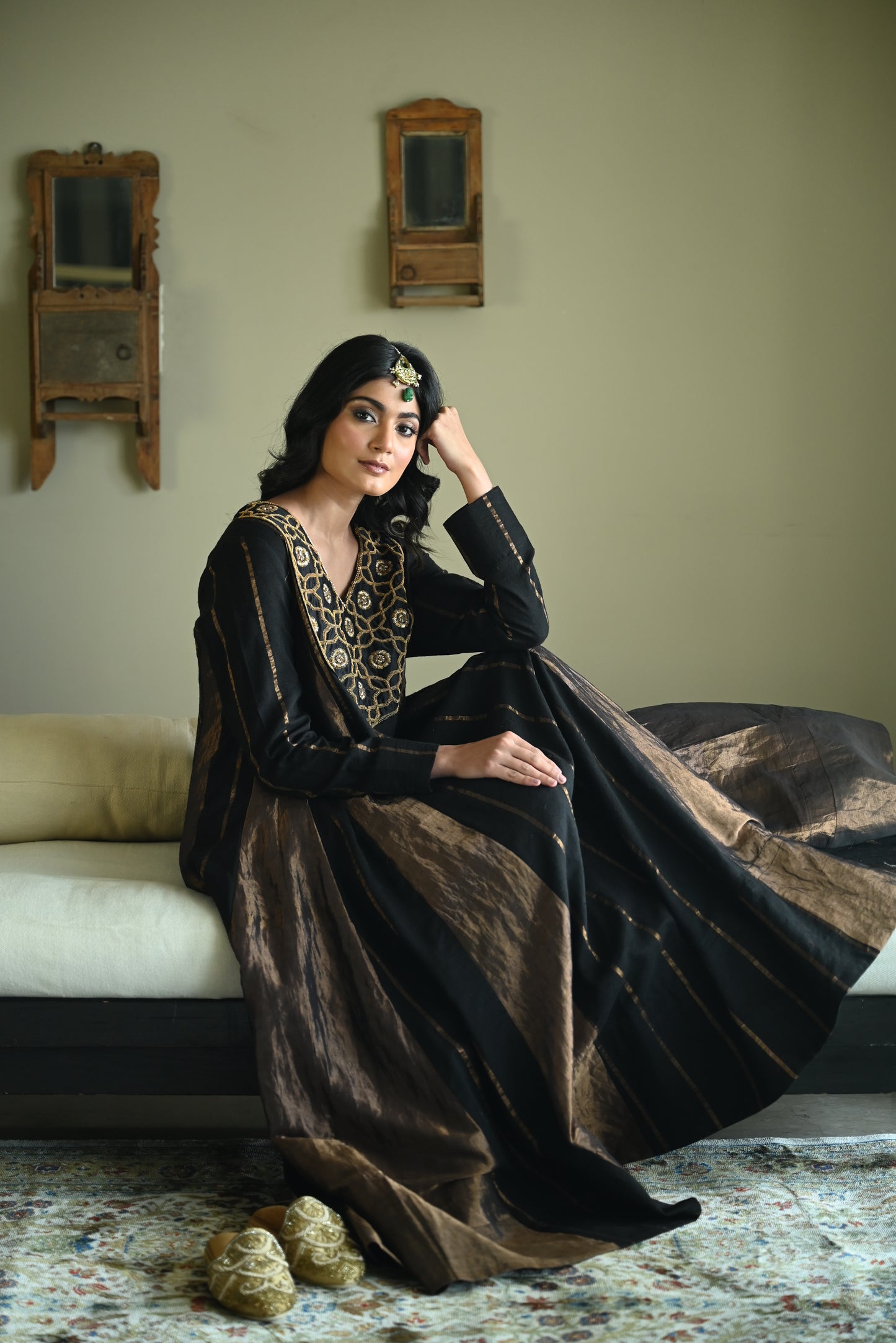 Tannu kurta in Black Tussar Khadi Stripe with Black Tissue Kali