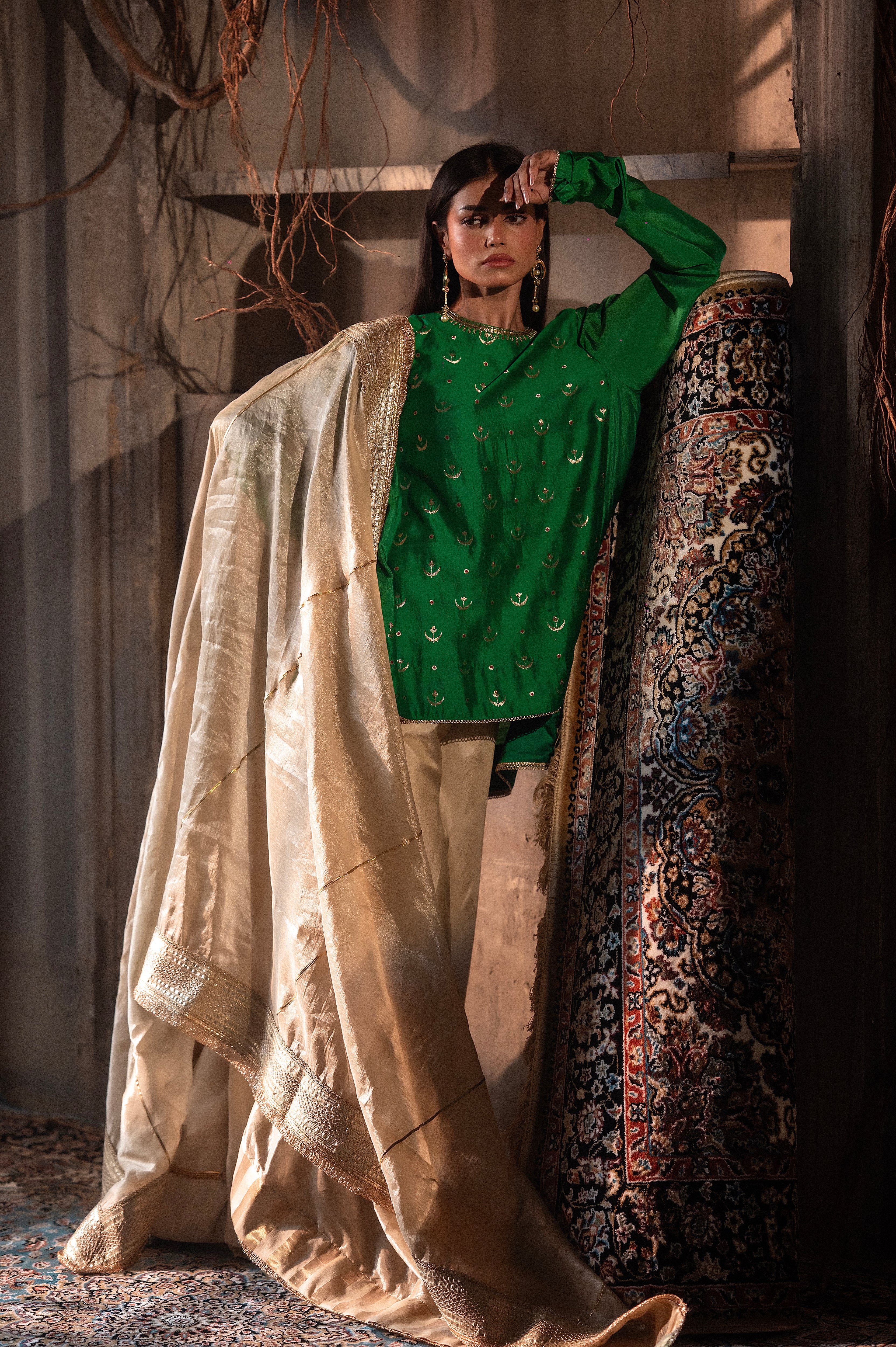 Chandphool Shabana in Green Brocade with Ivory silk Garara