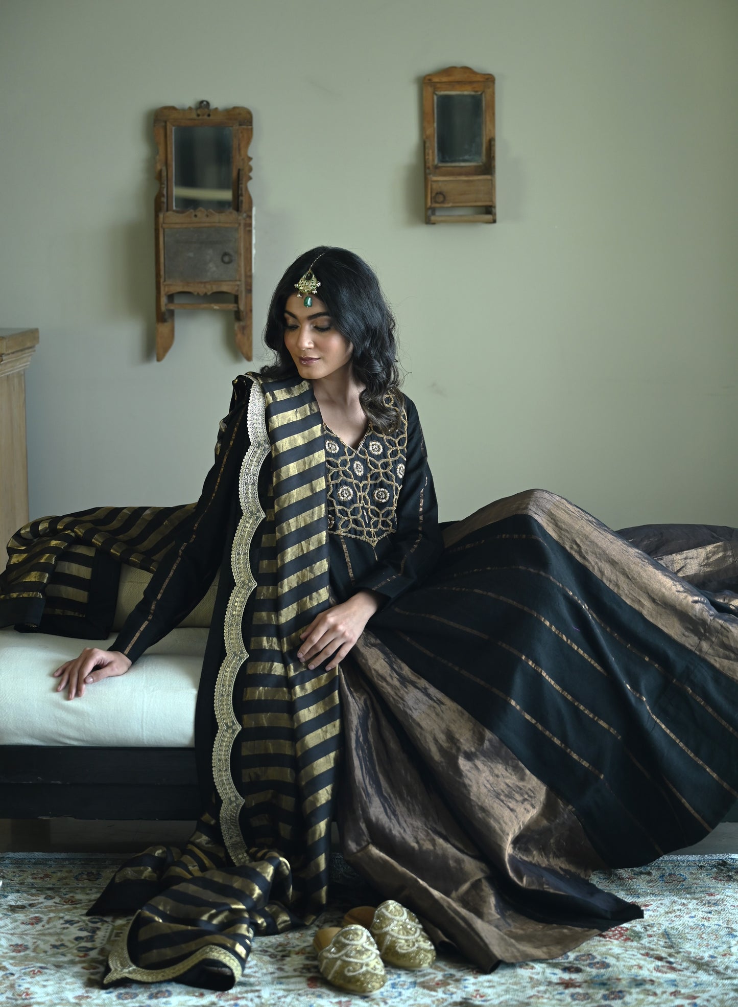 Tannu kurta in Black Tussar Khadi Stripe with Black Tissue Kali