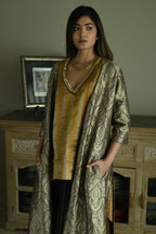 Oonch Neech Kurta in Vintage Gold Tissue Stripes with Brown Cowl Skirt