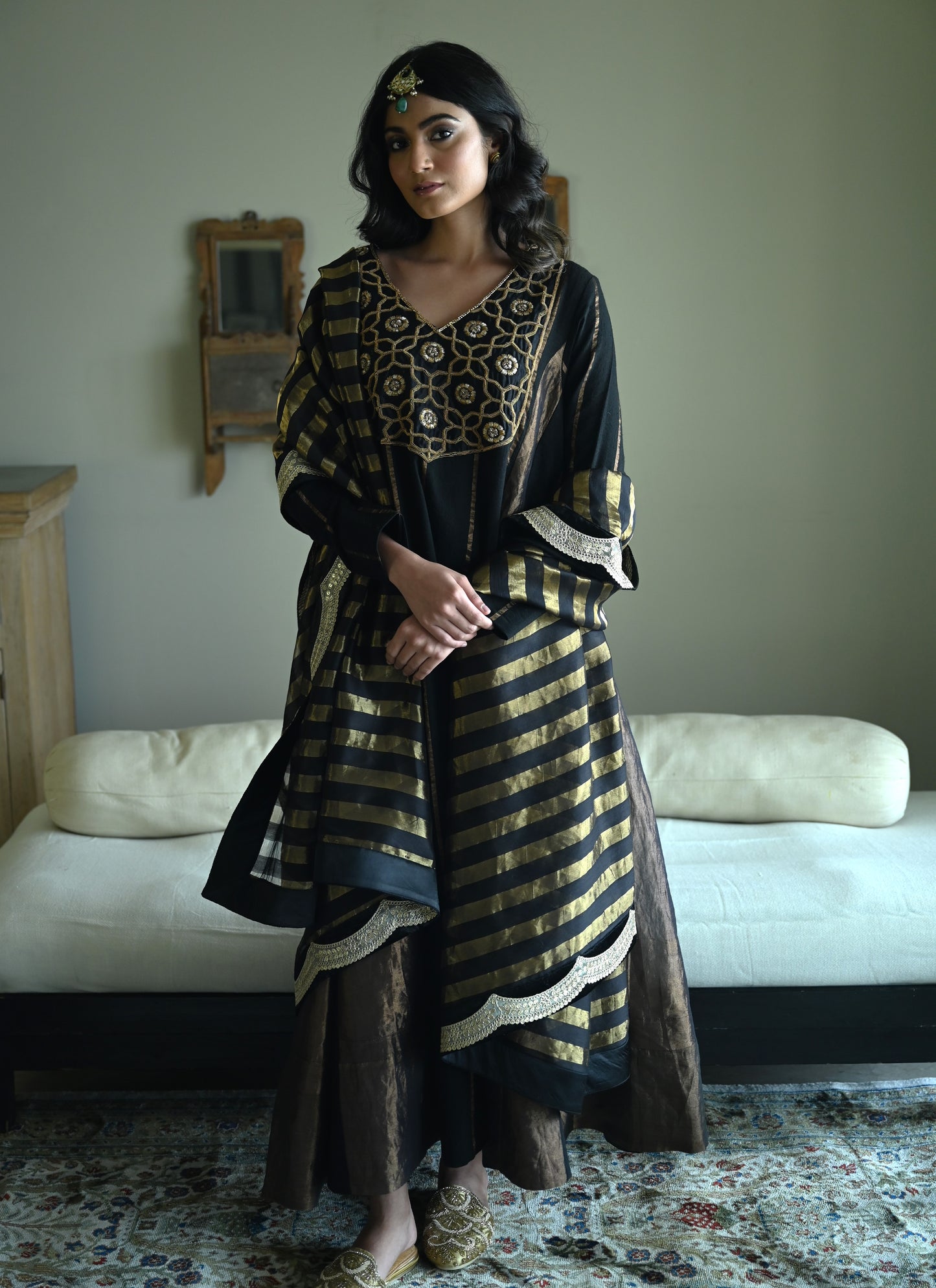 Tannu kurta in Black Tussar Khadi Stripe with Black Tissue Kali