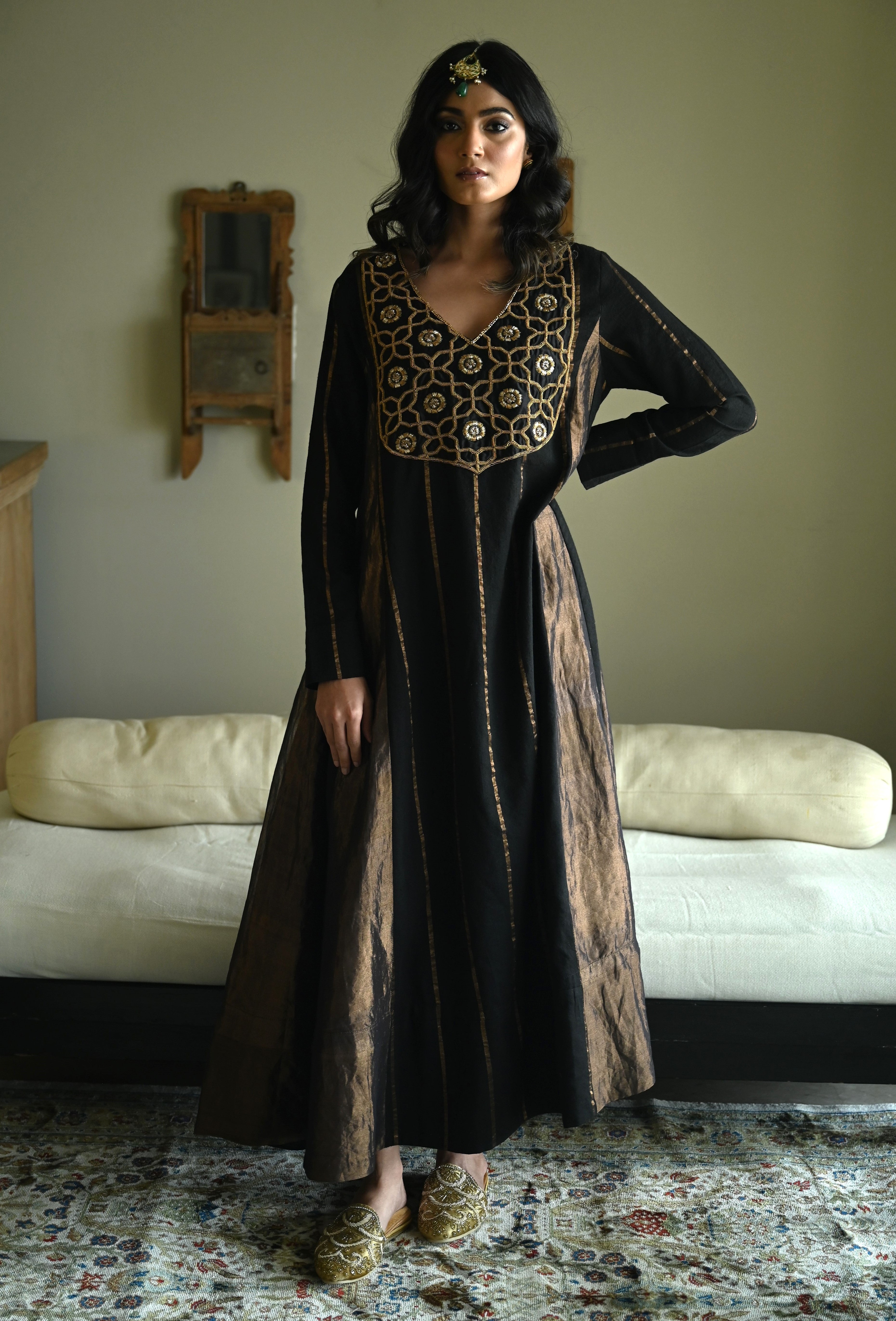 Tannu kurta in Black Tussar Khadi Stripe with Black Tissue Kali