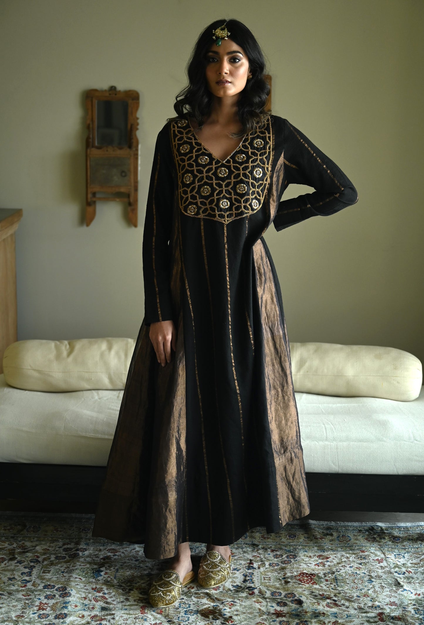 Tannu kurta in Black Tussar Khadi Stripe with Black Tissue Kali