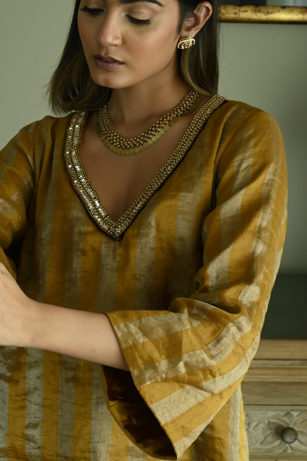 Oonch Neech Kurta in Vintage Gold Tissue Stripes with Brown Cowl Skirt