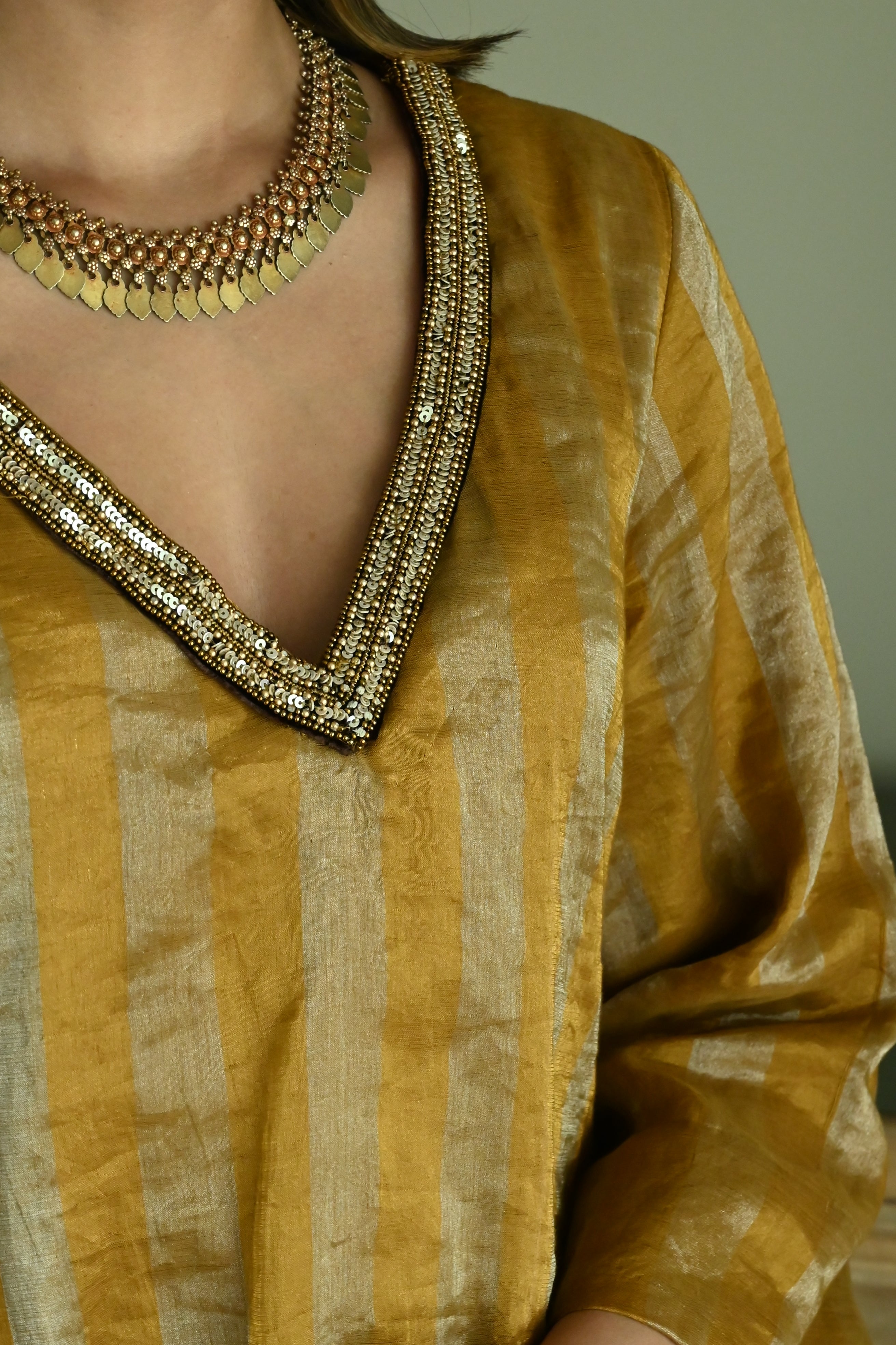 Oonch Neech Kurta in Vintage Gold Tissue Stripes with Brown Cowl Skirt