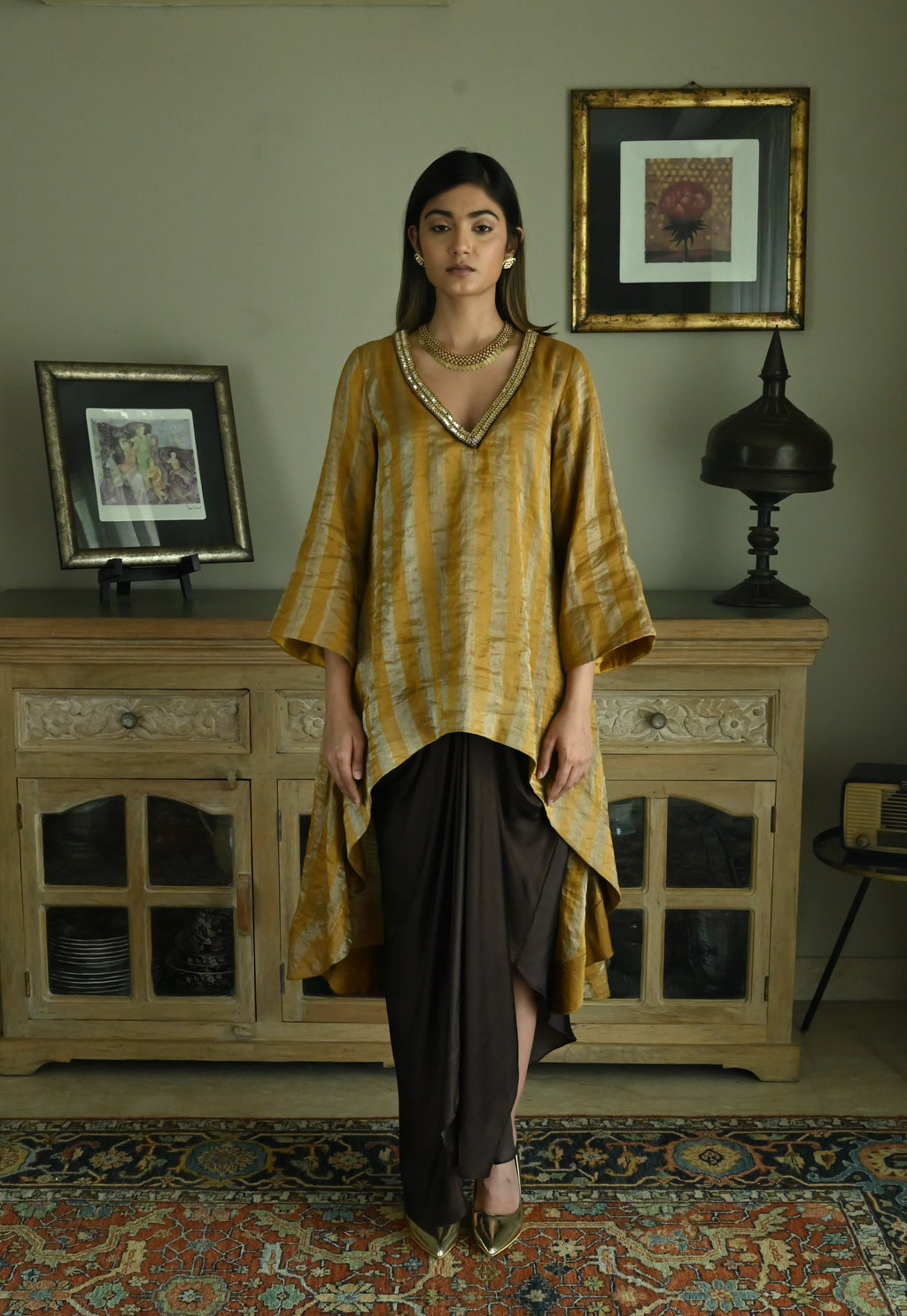 Oonch Neech Kurta in Vintage Gold Tissue Stripes with Brown Cowl Skirt