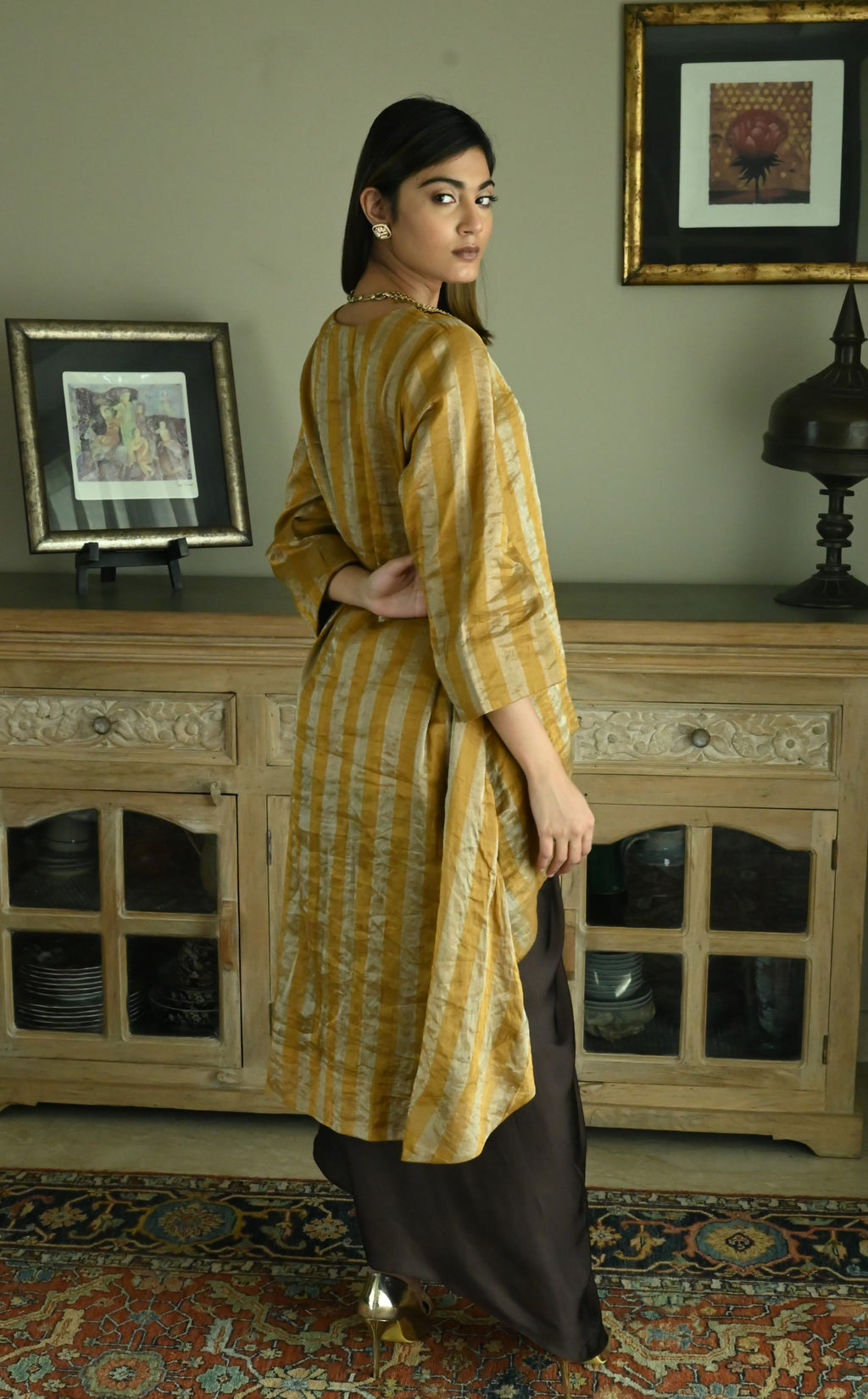 Oonch Neech Kurta in Vintage Gold Tissue Stripes with Brown Cowl Skirt