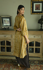 Oonch Neech Kurta in Vintage Gold Tissue Stripes with Brown Cowl Skirt