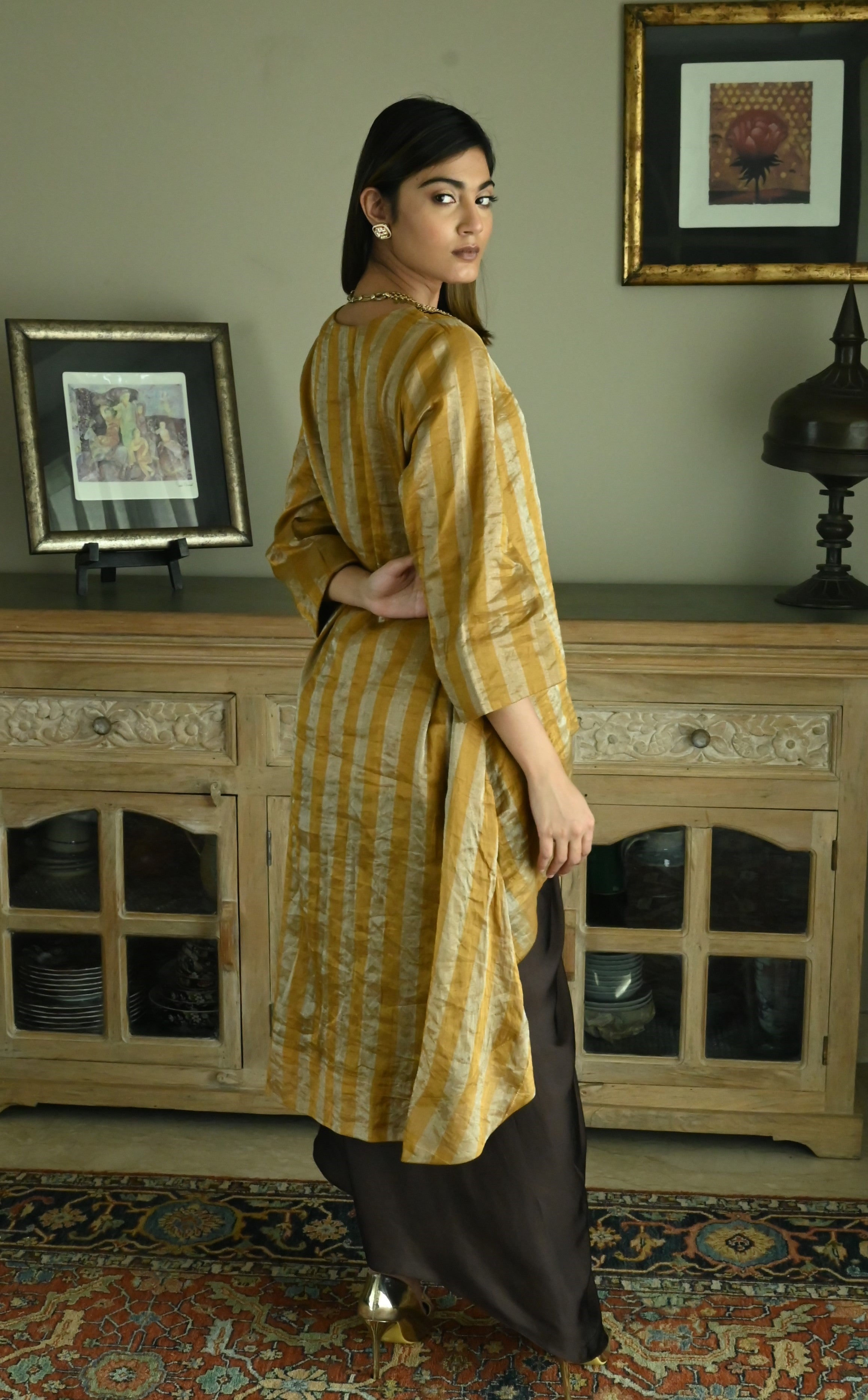 Oonch Neech Kurta in Vintage Gold Tissue Stripes with Brown Cowl Skirt
