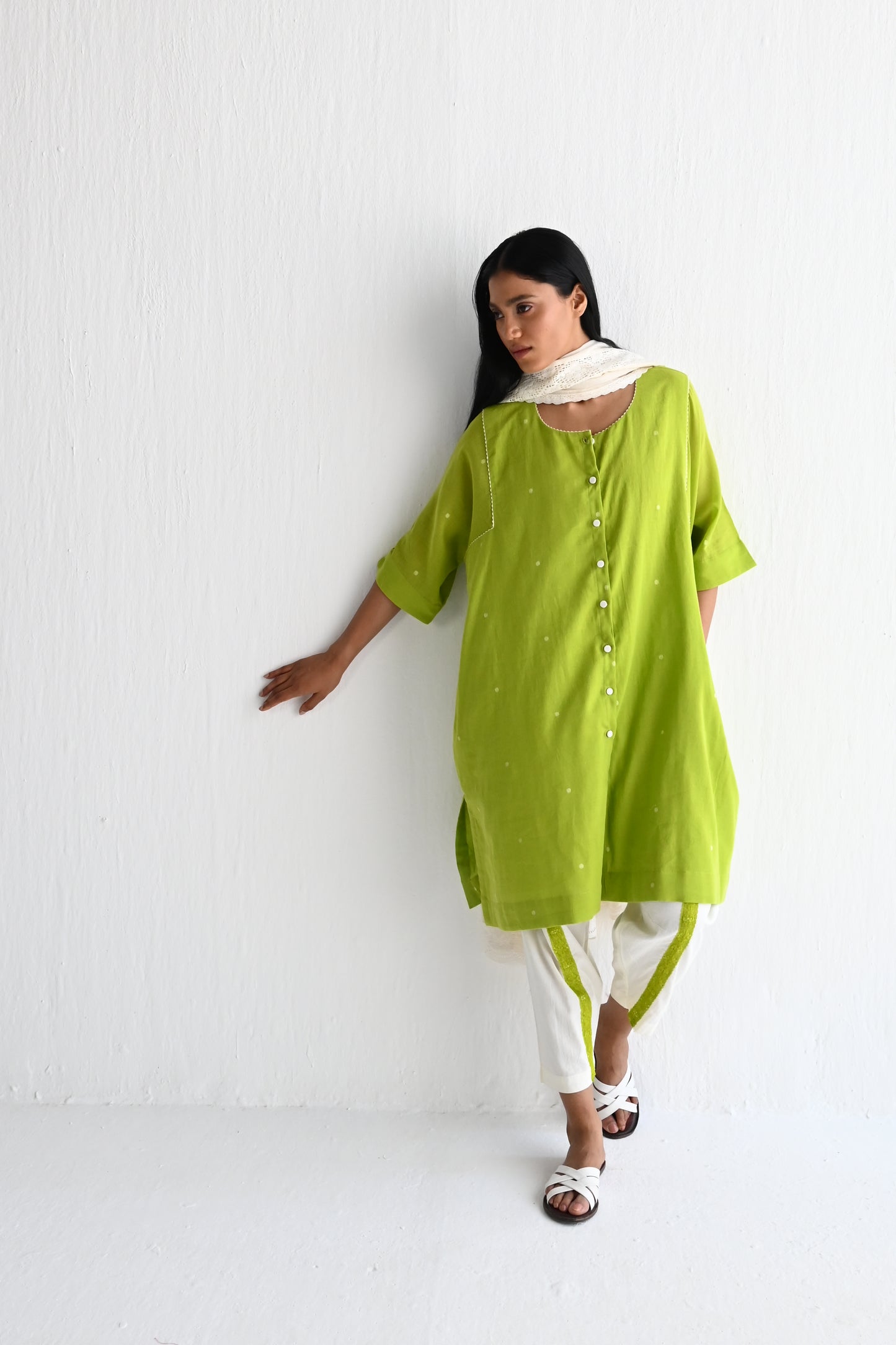 Choga Shirt in Lime Green Jamdani with Salwar