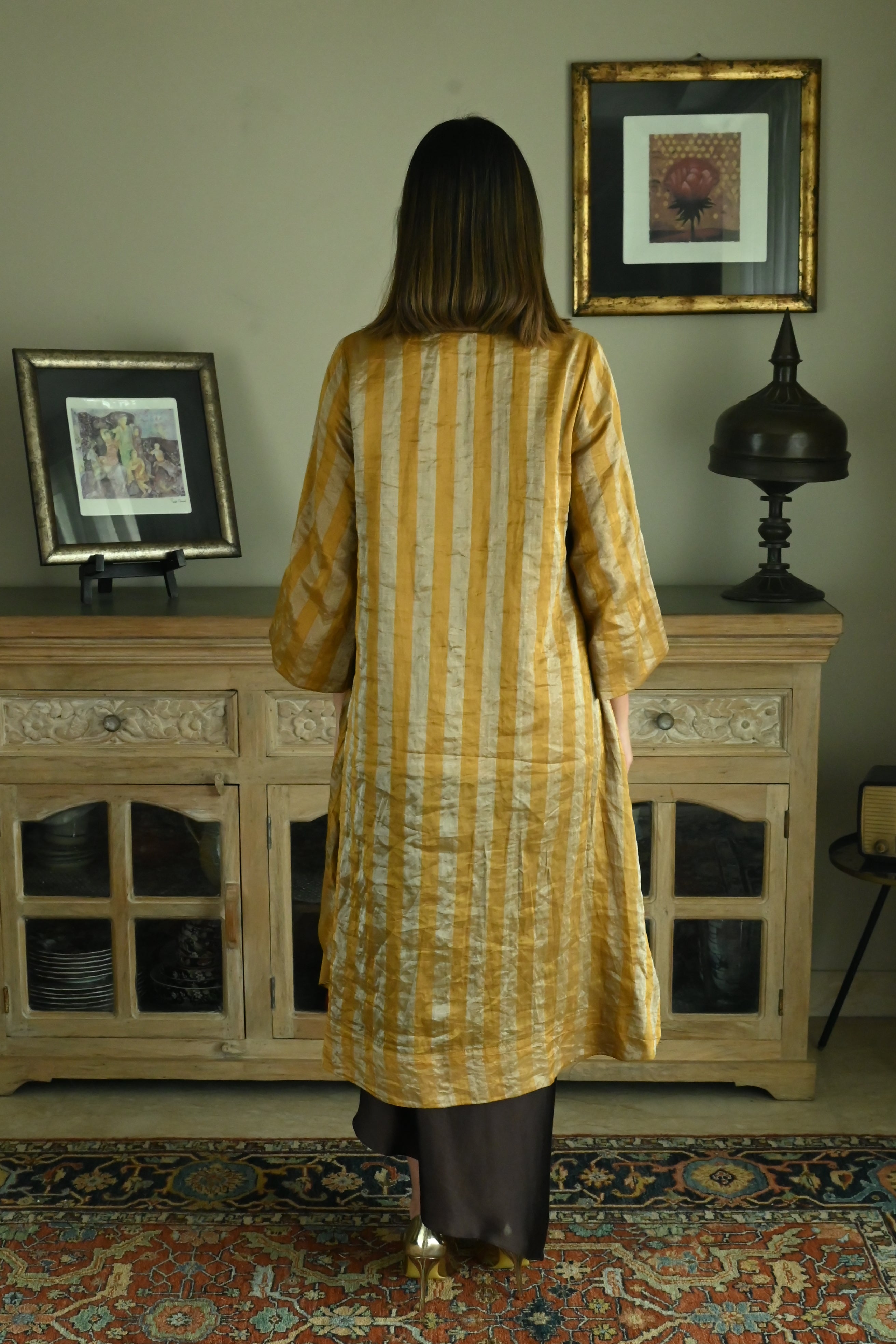 Oonch Neech Kurta in Vintage Gold Tissue Stripes with Brown Cowl Skirt
