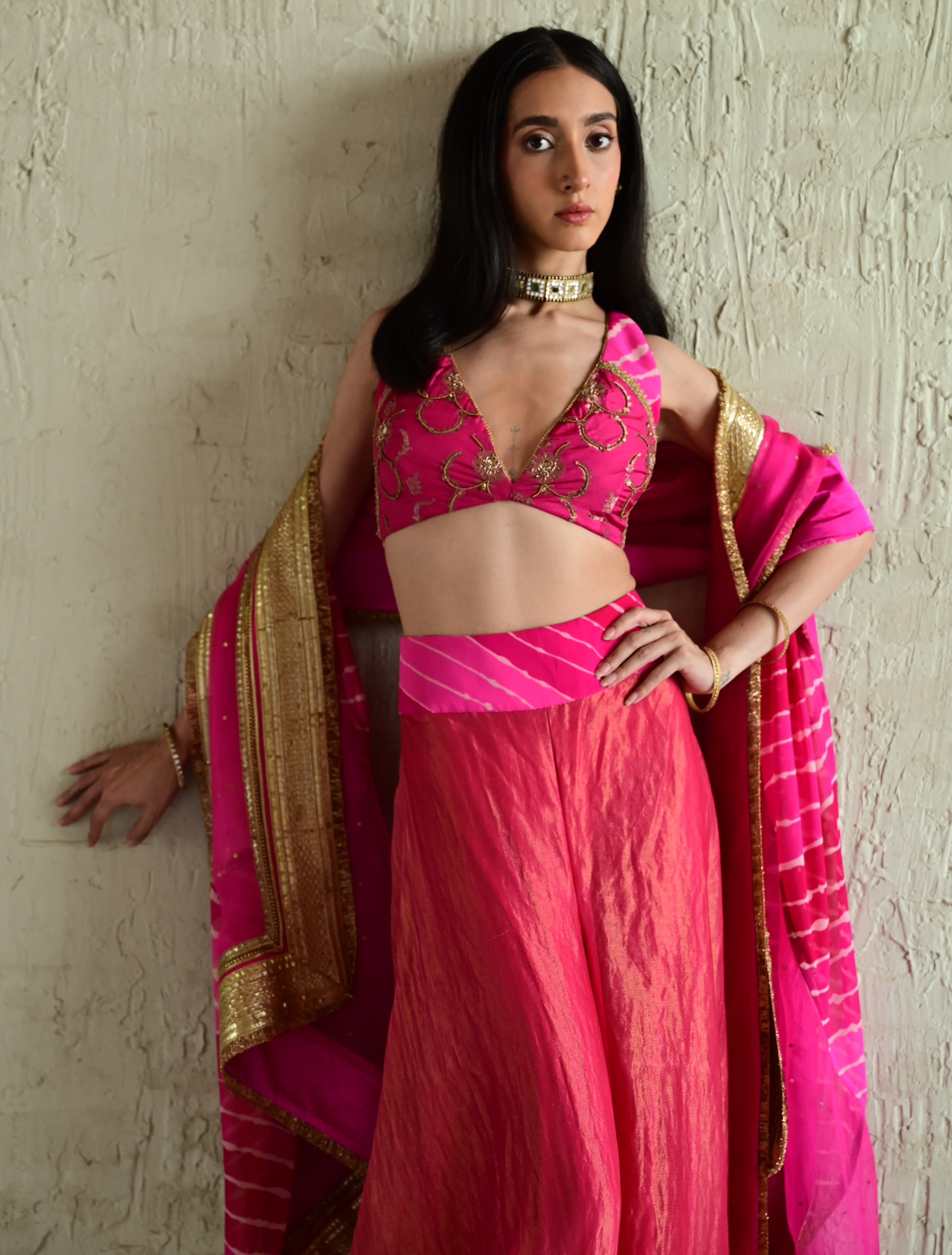 Madhuri Sleeveless Choli in Pink With Pink Garara