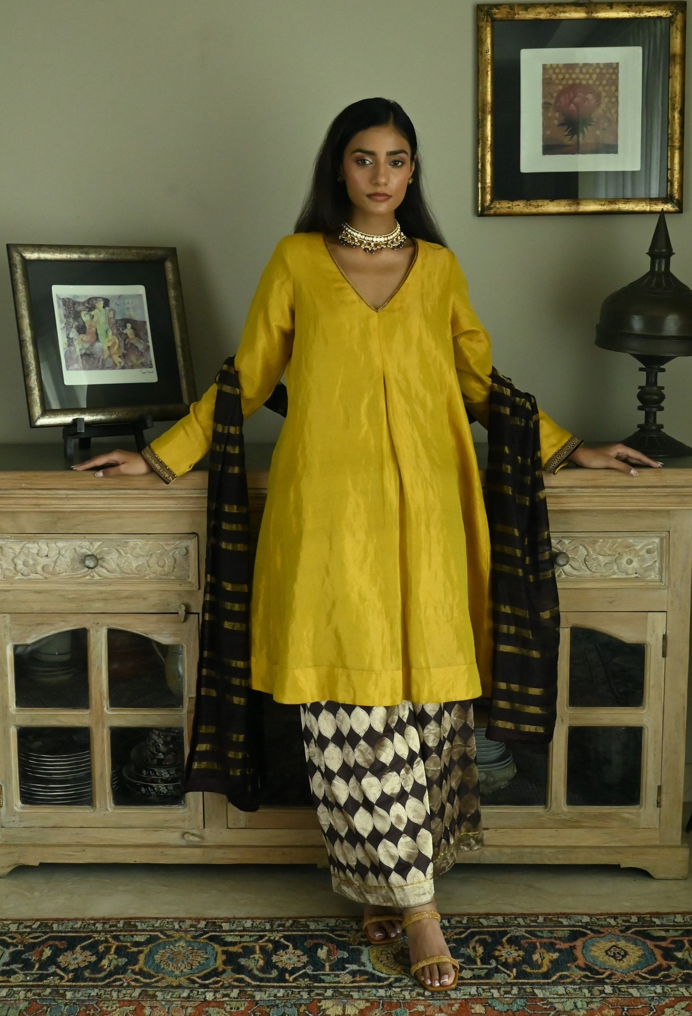 Zeenat Kurta in Ochre Tissue with Brown Brocade Pallazzo