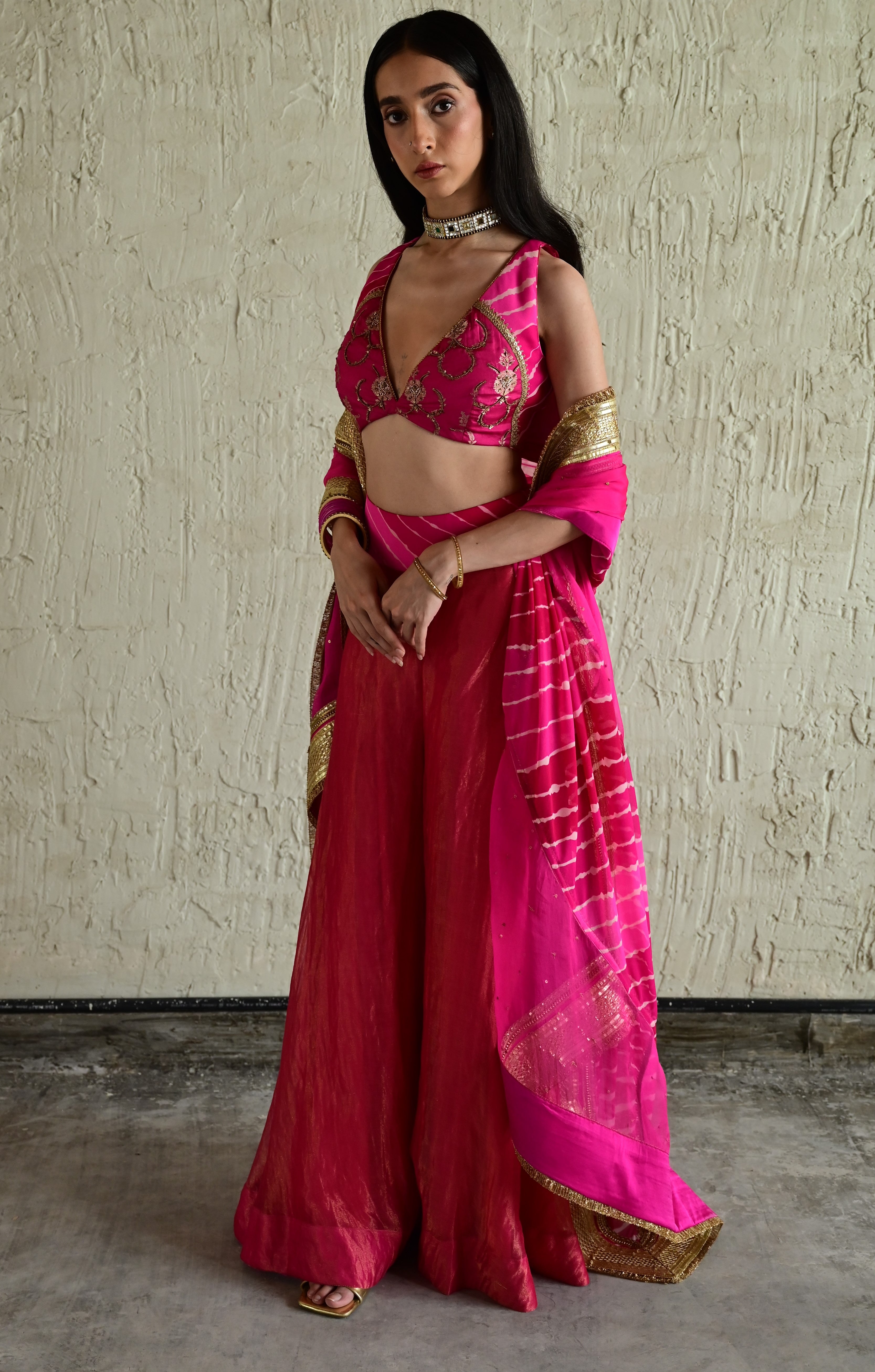 Madhuri Sleeveless Choli in Pink With Pink Garara