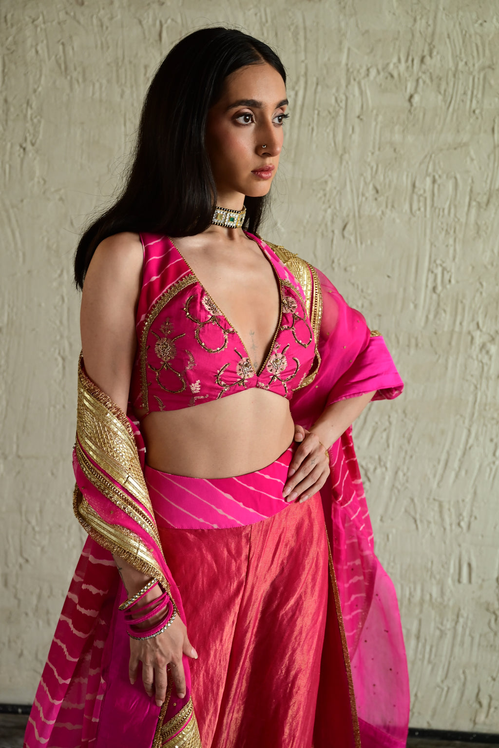 Madhuri Sleeveless Choli in Pink With Pink Garara