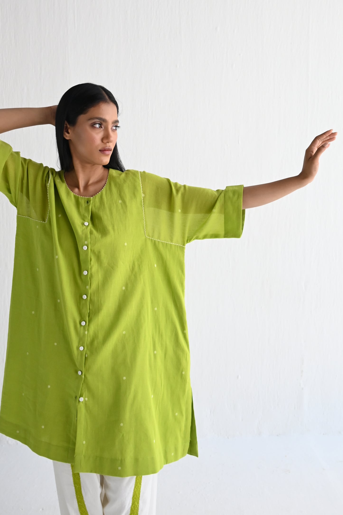 Choga Shirt in Lime Green Jamdani with Salwar