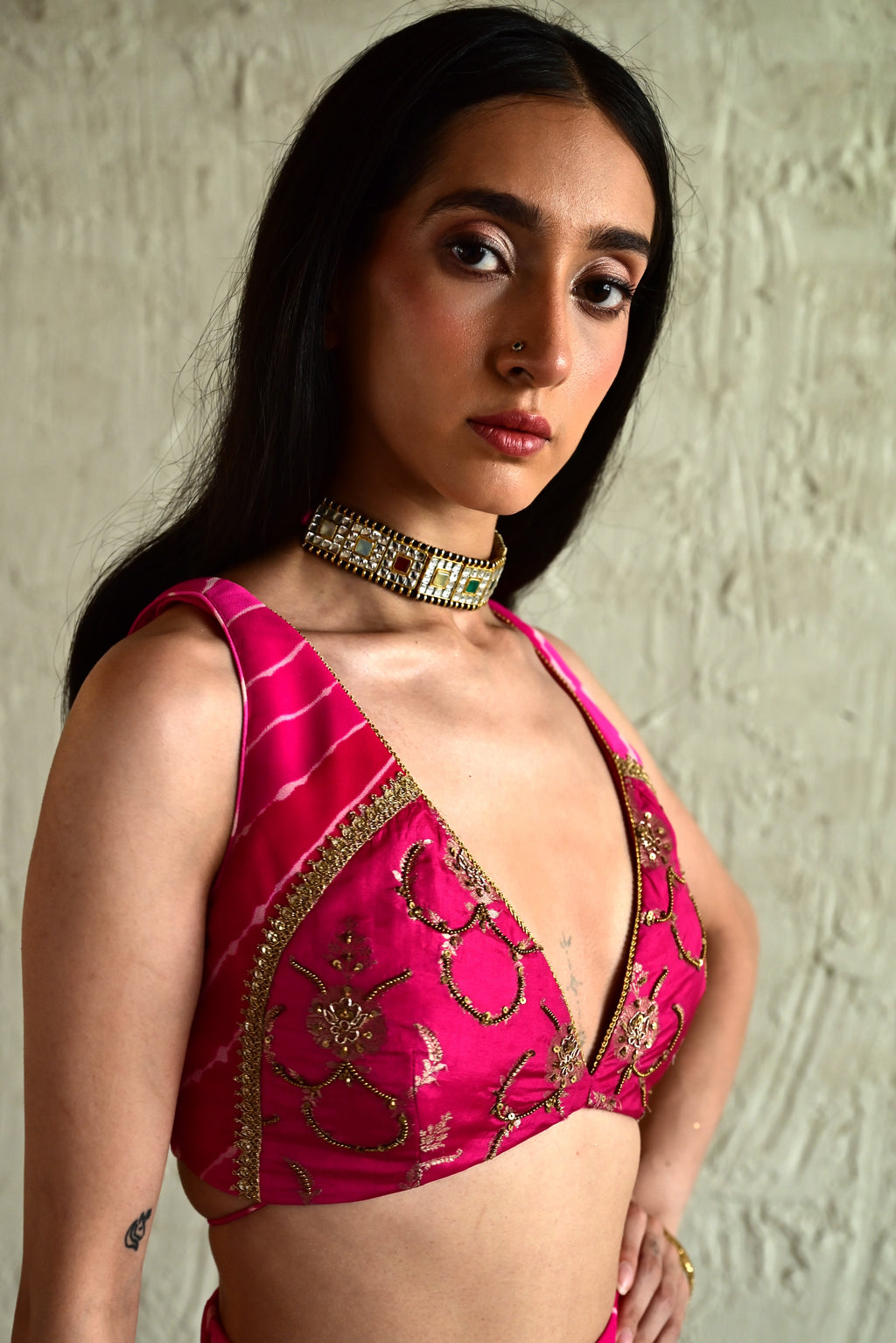 Madhuri Sleeveless Choli in Pink With Pink Garara