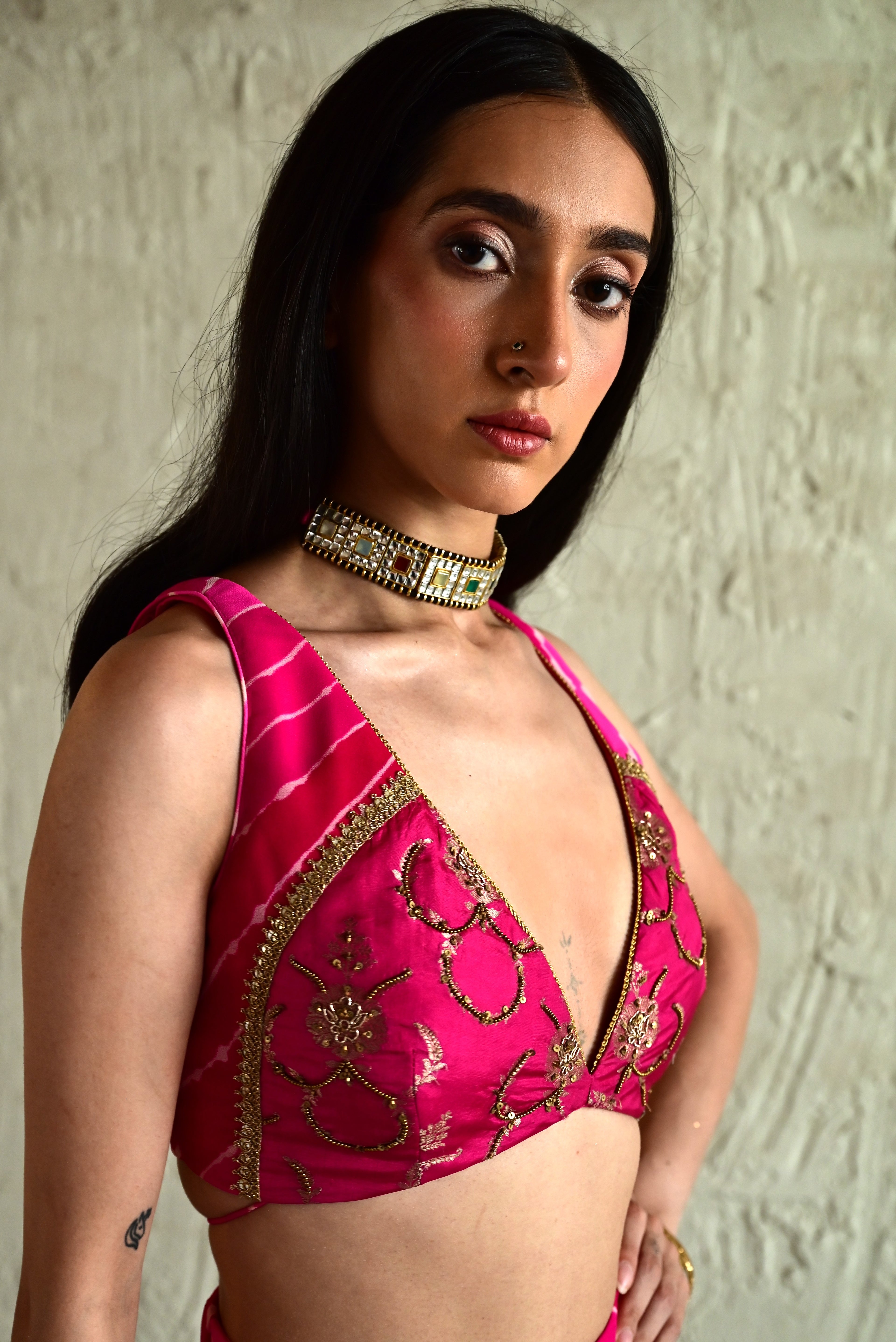 Madhuri Sleeveless Choli in Pink With Pink Garara